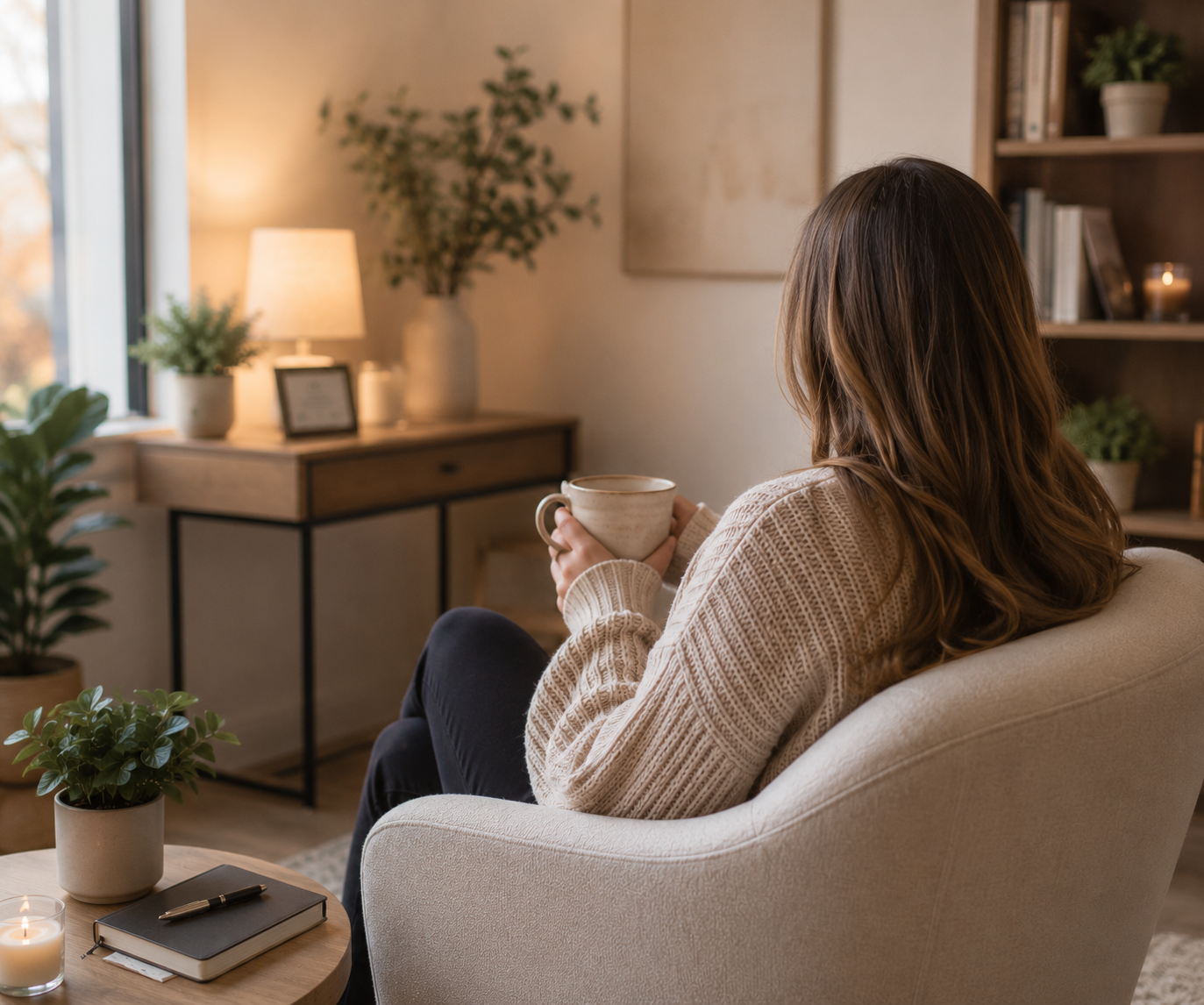 A woman sitting on a cream-colored armchair in a cozy living room, holding a mug, with a table in front of her that has a notebook, pen, and candles, and a background with a side table, lamp, plants, and shelves.