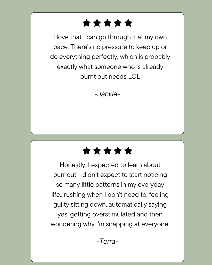 Two review cards with five-star ratings, containing text testimonials about burnout and stress management, on a light green background.