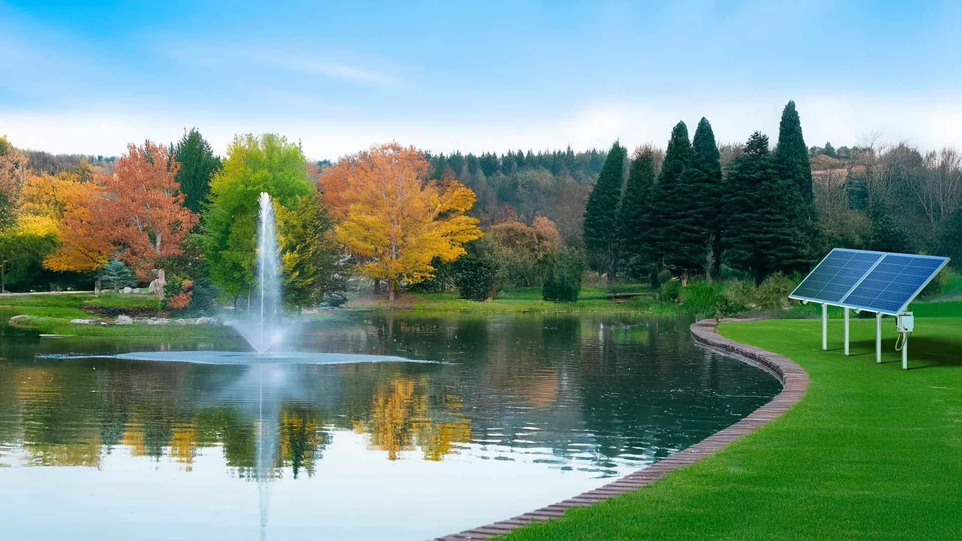 Pond fountain with fall foliage and solar aeration in South Louisiana