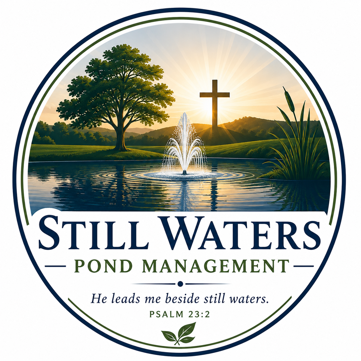 Logo featuring a serene landscape with a tree, a fountain in a pond, and a cross with a sunrise in the background. Text reads 'Still Waters Pond Management' with the tagline 'He leads me beside still waters.'