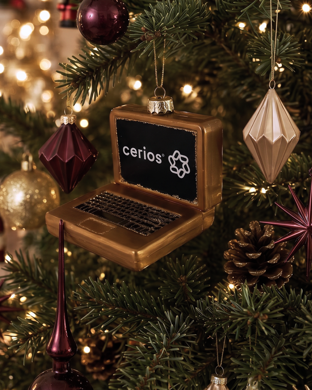 A decorated Christmas tree with various ornaments, including a small, gold laptop ornament with the logo and name 'cerios' displayed on its screen.
