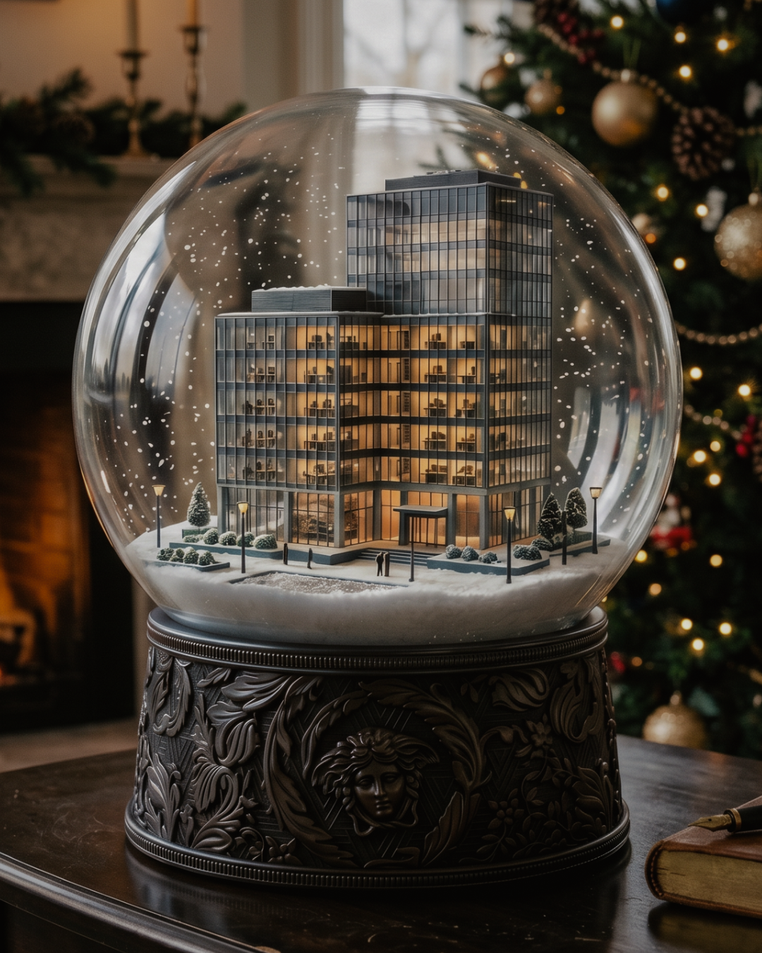 A miniature model of a modern multi-story office building inside a glass snow globe with a base adorned with a crest. The scene includes snow, trees, street lamps, and tiny figures, with a Christmas tree visible in the background.