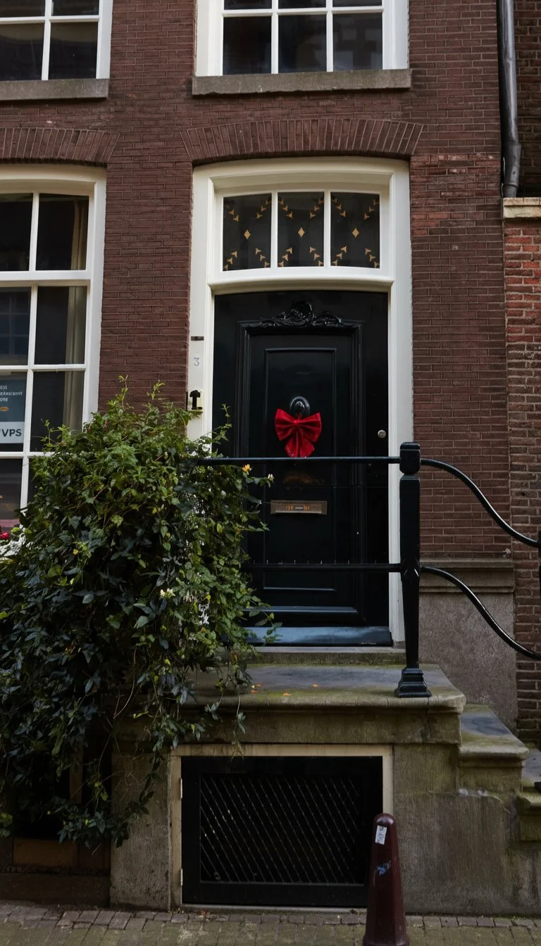 A brick townhouse with a black front door decorated with a red bow, and a window above with gold triangle flags.