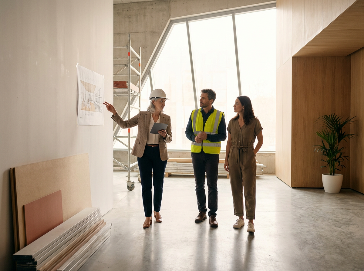 Three people, including a woman in a hard hat, are walking through an unfinished indoor space with construction materials and scaffolding nearby. The woman appears to be explaining something to the two others, one of whom is in a reflective safety vest.