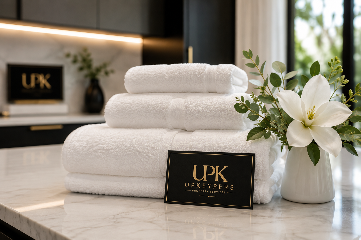 Stacked white towels with a black and gold 'UPK UPKEYPERS PROPERTY SERVICES' sign on a marble countertop, decorated with a white lily flower and greenery in a vase, in a modern interior setting.