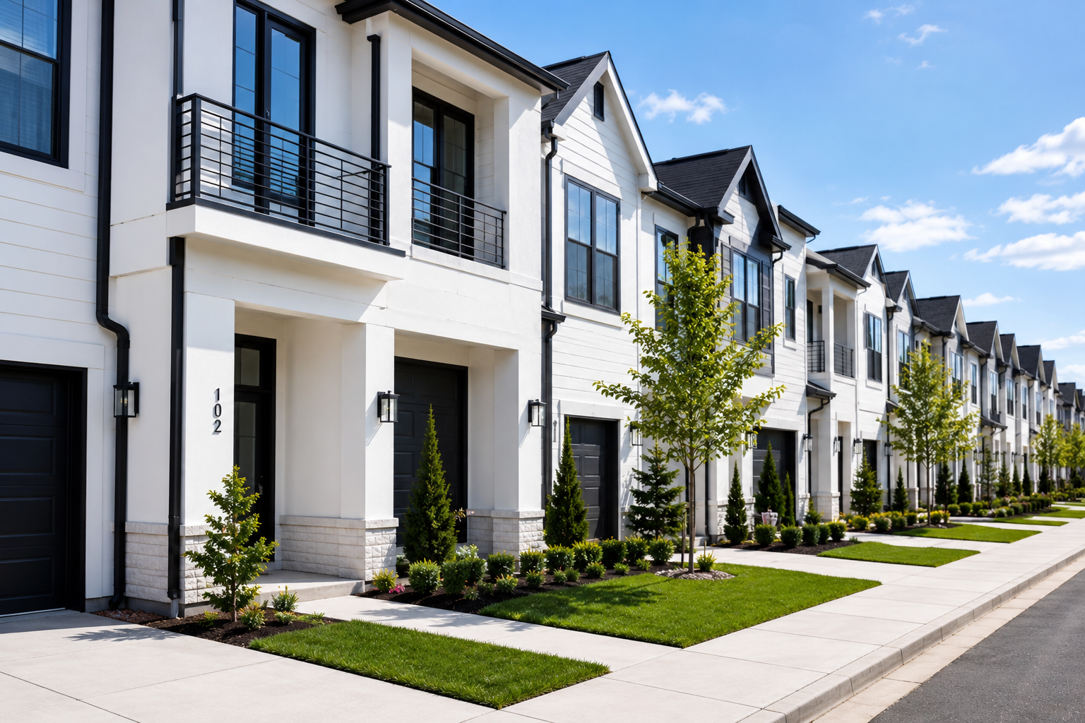 Row of modern white townhouses with black doors, small front yards, and young trees under a blue sky.