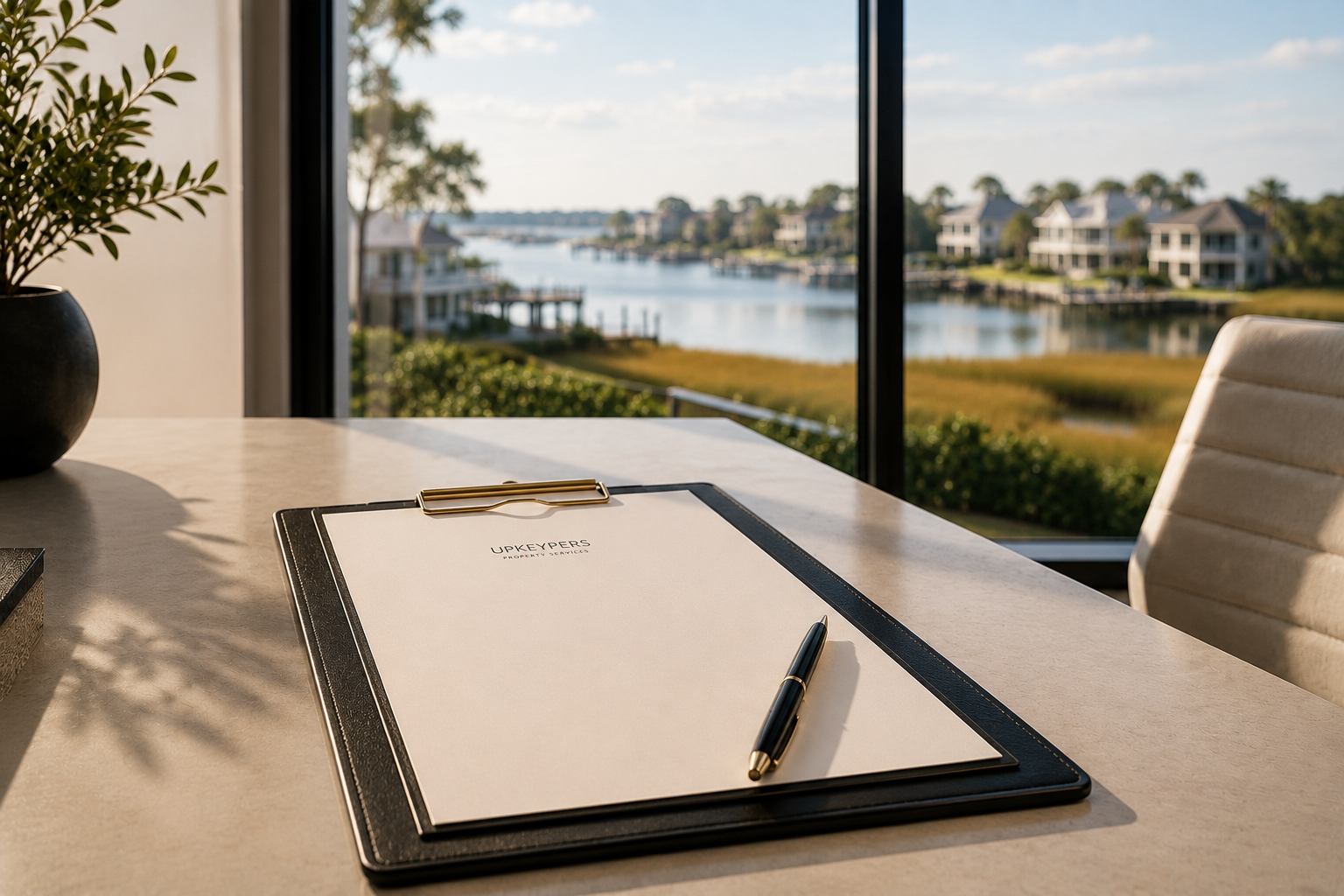 Professional workspace with a clipboard overlooking a luxury waterfront community, representing the responsive customer service team at UPKEYPERS.
