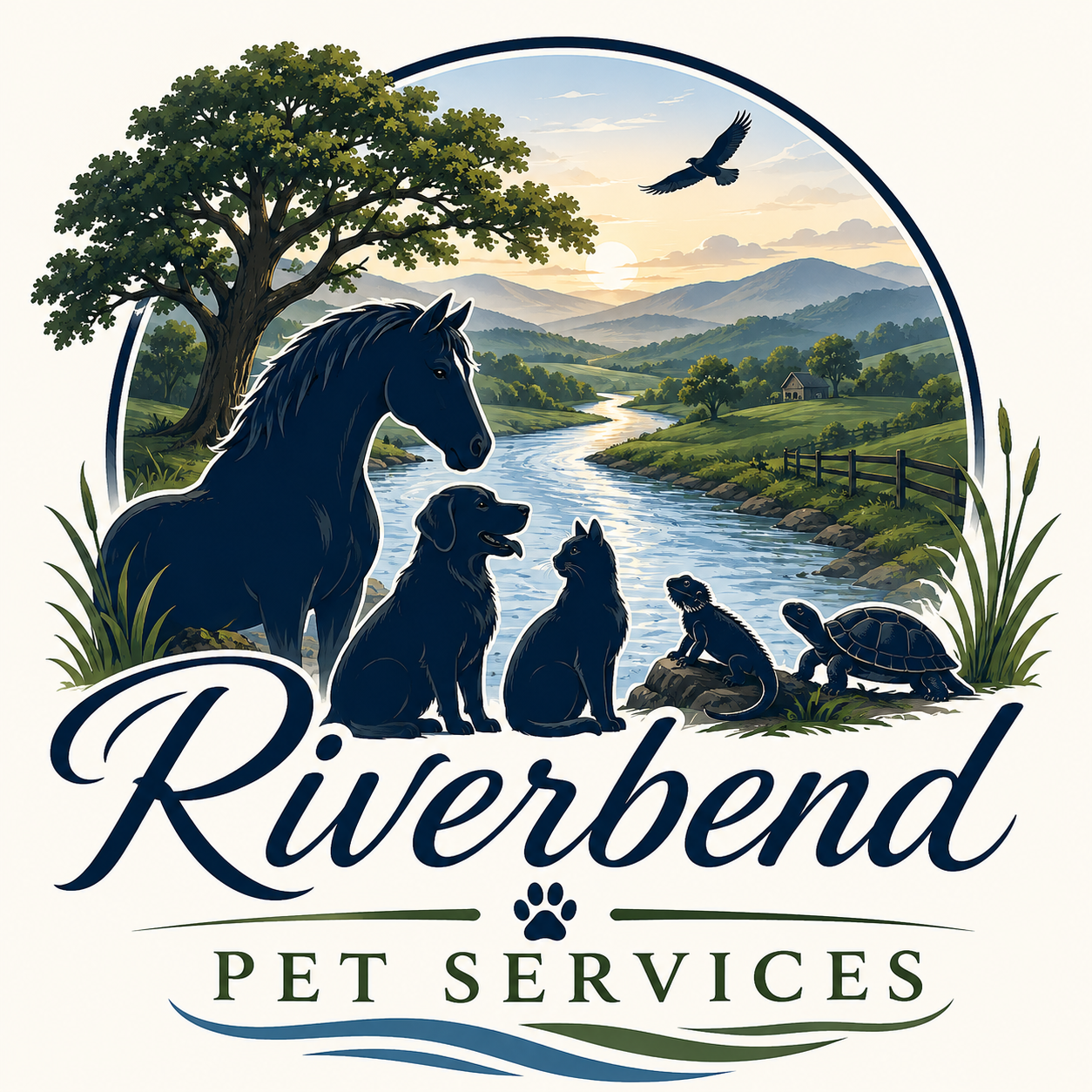 Illustration of a scenic riverside landscape with a large tree, mountains, and a sunset. In the foreground, silhouettes of a horse, dog, cat, lizard, turtle, and turtle are shown, with the words 'Riverbend Pet Services' below.