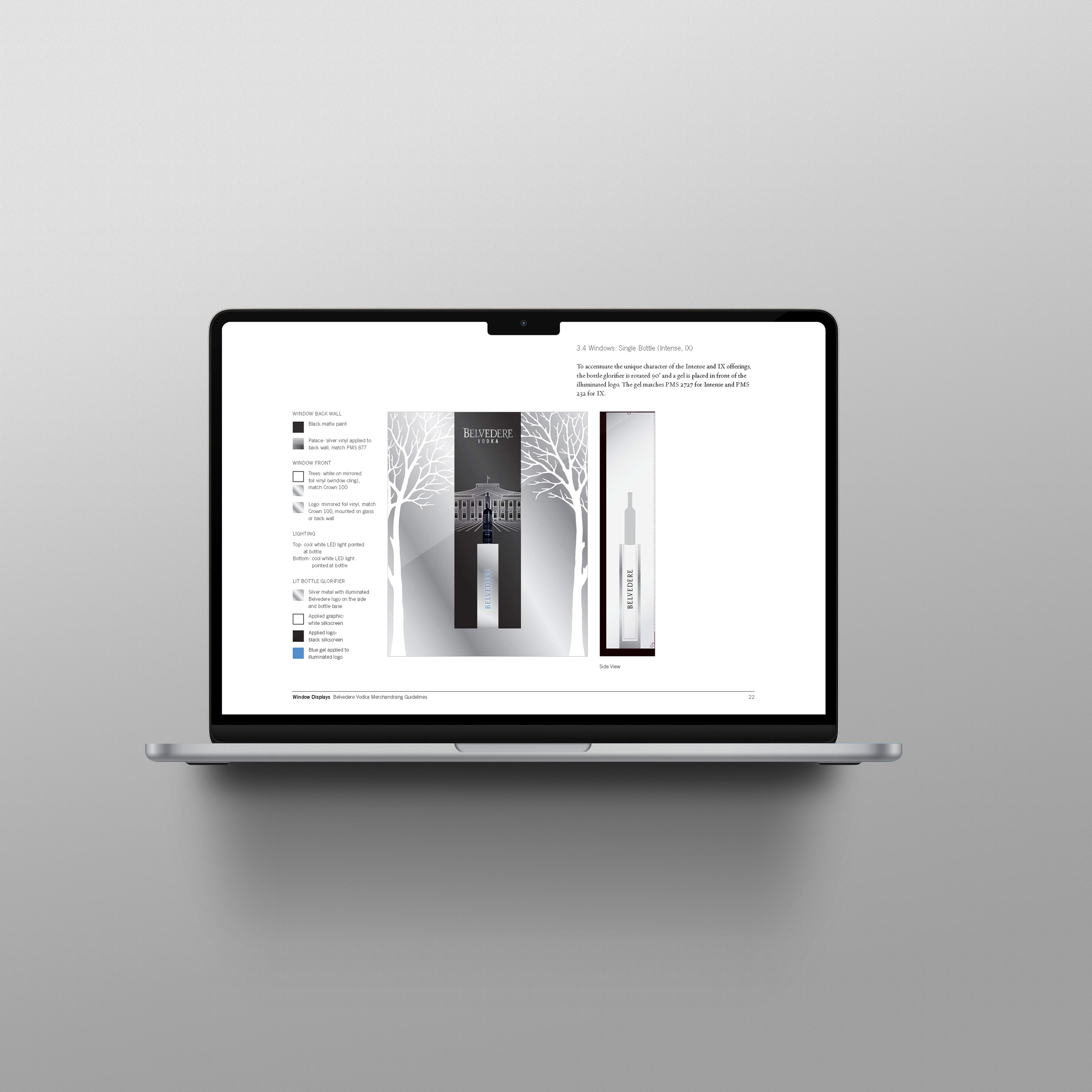 Belvedere merchandising guidelines on a laptop, showing a silver-and-white bottle-display concept.