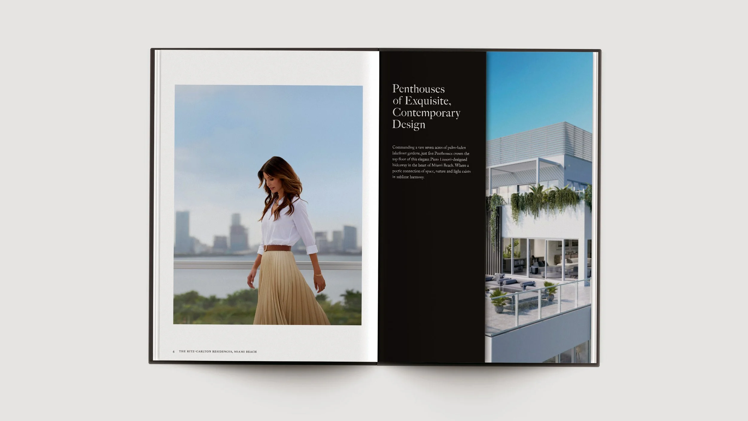 Ritz-Carlton Residences, Miami Beach brochure spread pairing lifestyle photography with penthouse architecture