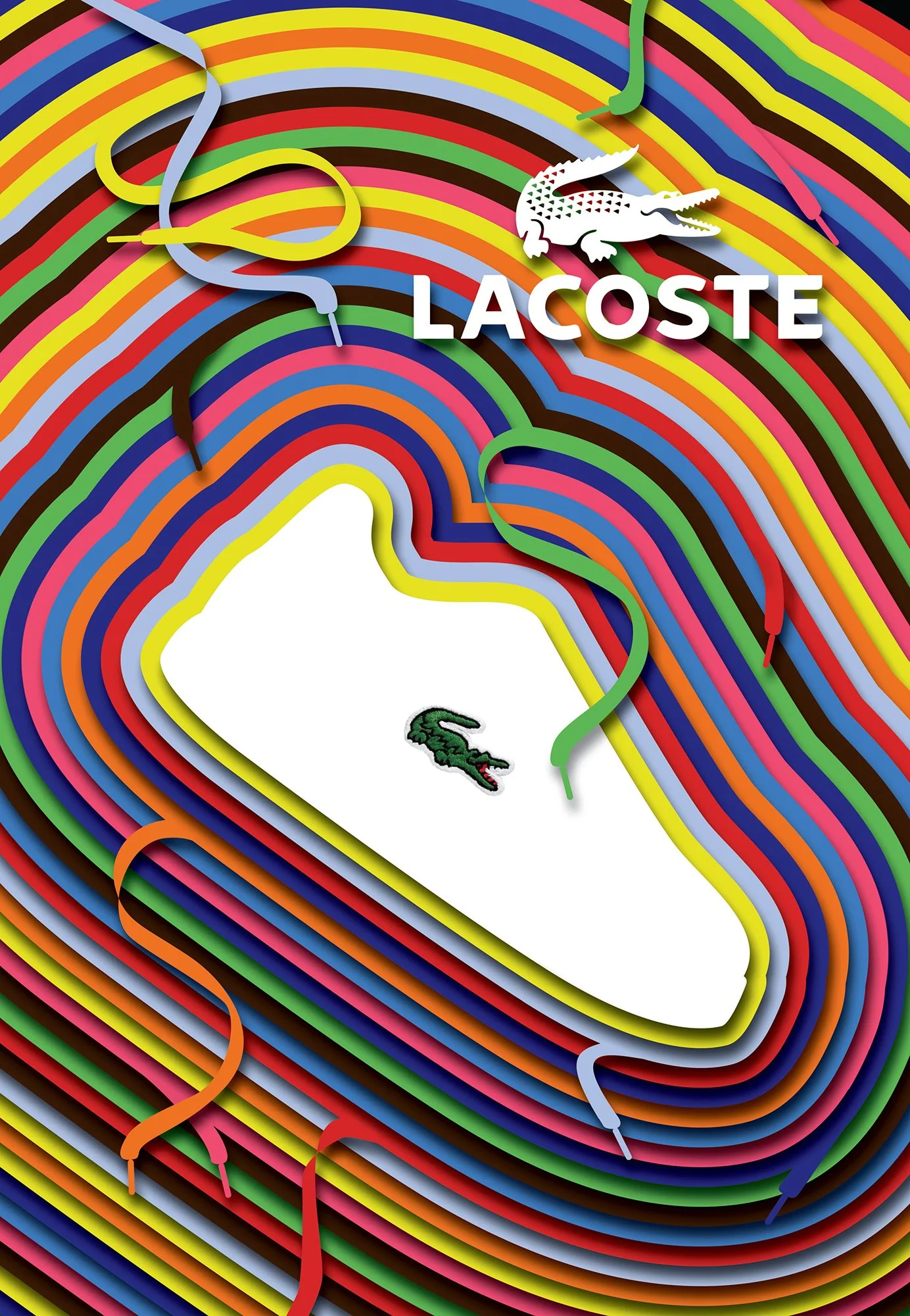 Lacoste poster with rainbow-colored contour lines surrounding a white sneaker silhouette and green crocodile.