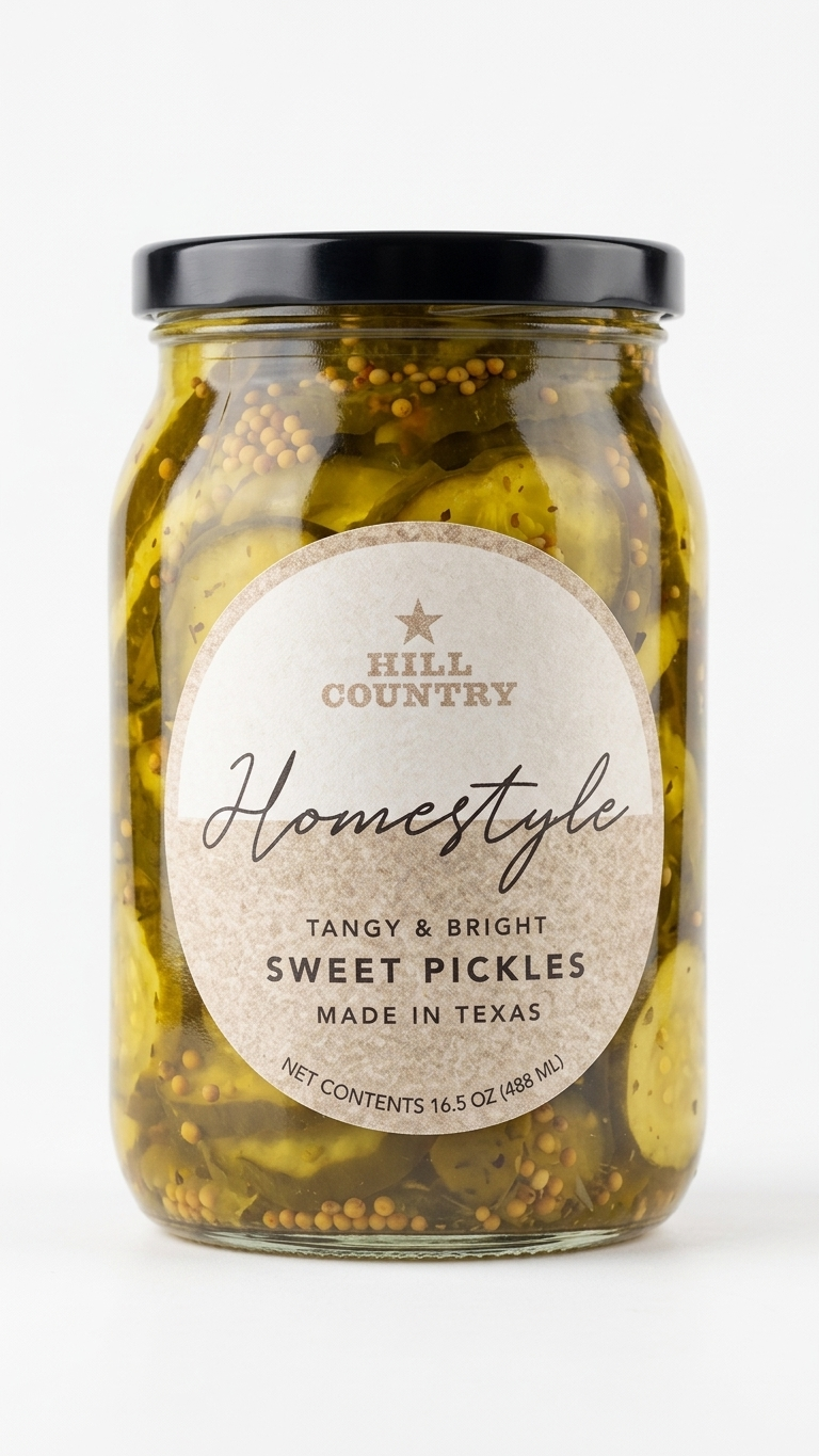 Hill Country Homestyle sweet-pickle jar mockup with a cream oval label and handwritten-style wordmark.