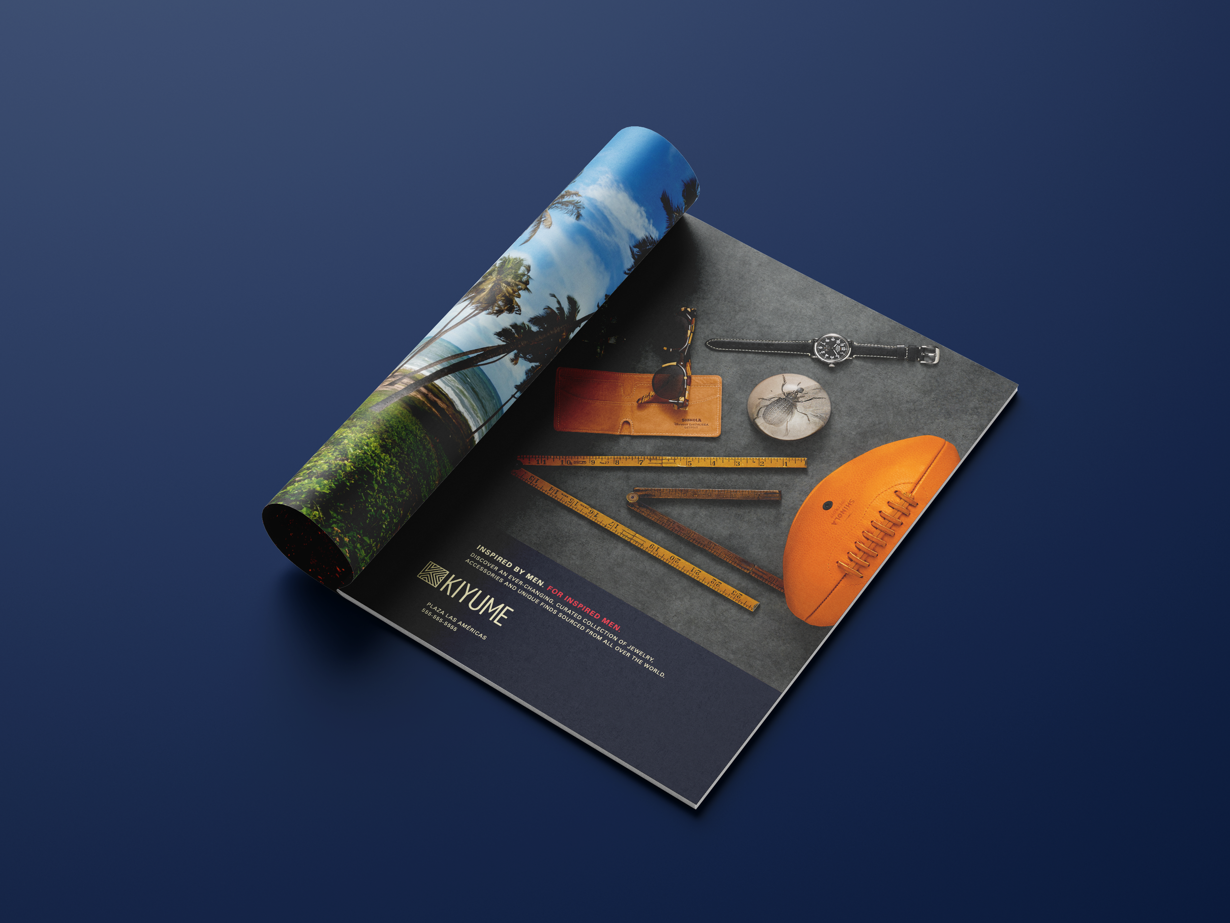 Kiyume magazine advertisement pairing the retail identity with a still life of a football, watch and accessories.