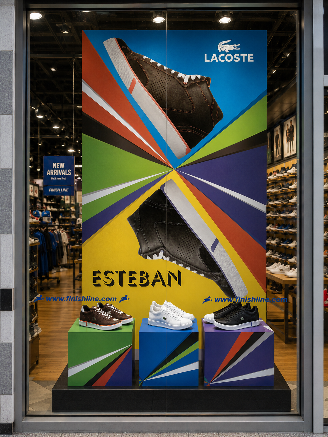 Lacoste Esteban campaign installed in a Finish Line window with matching geometric shoe-display pedestals.
