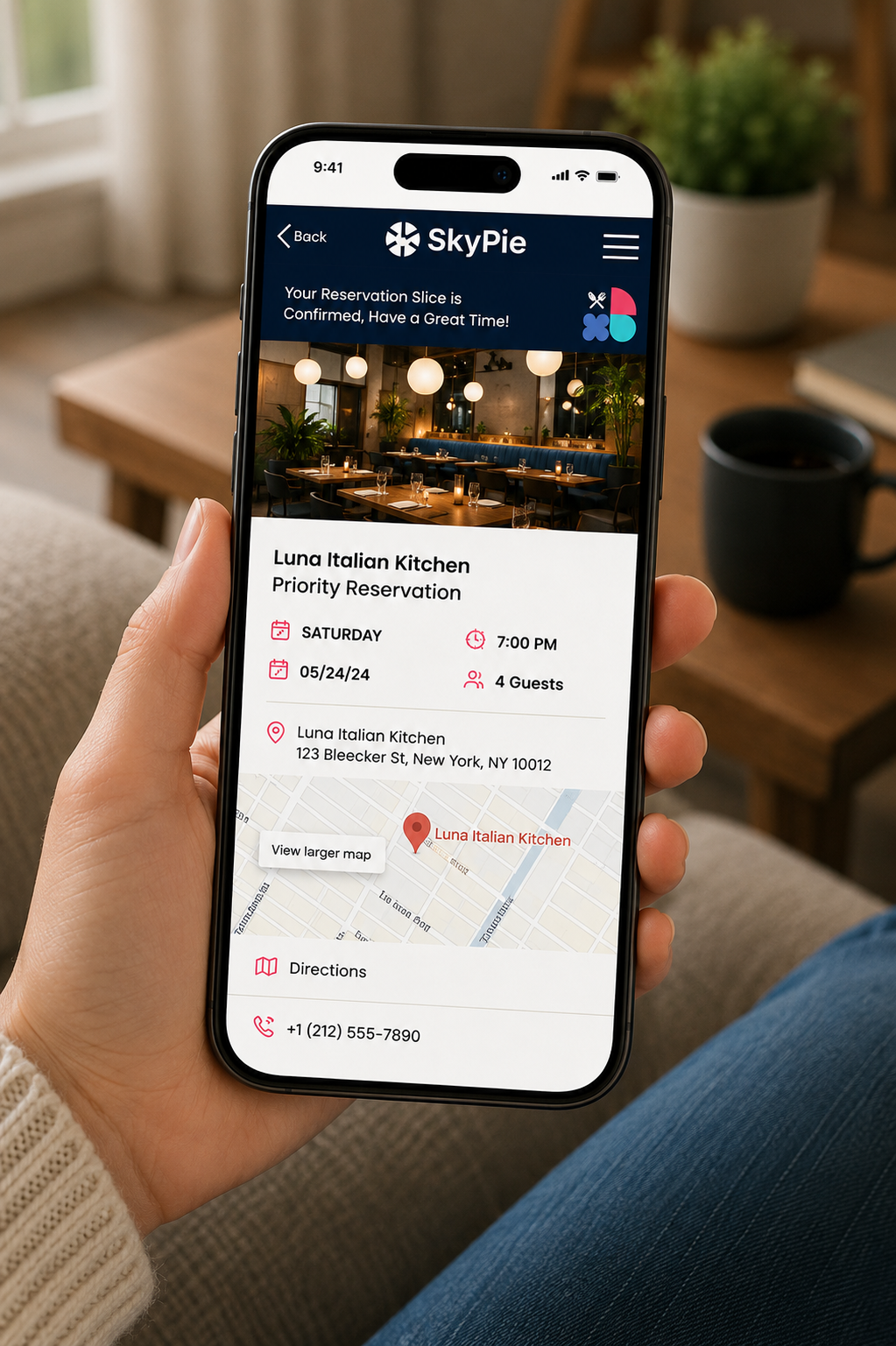 SkyPie mobile reservation confirmation with restaurant imagery, booking details, a location map and directions.