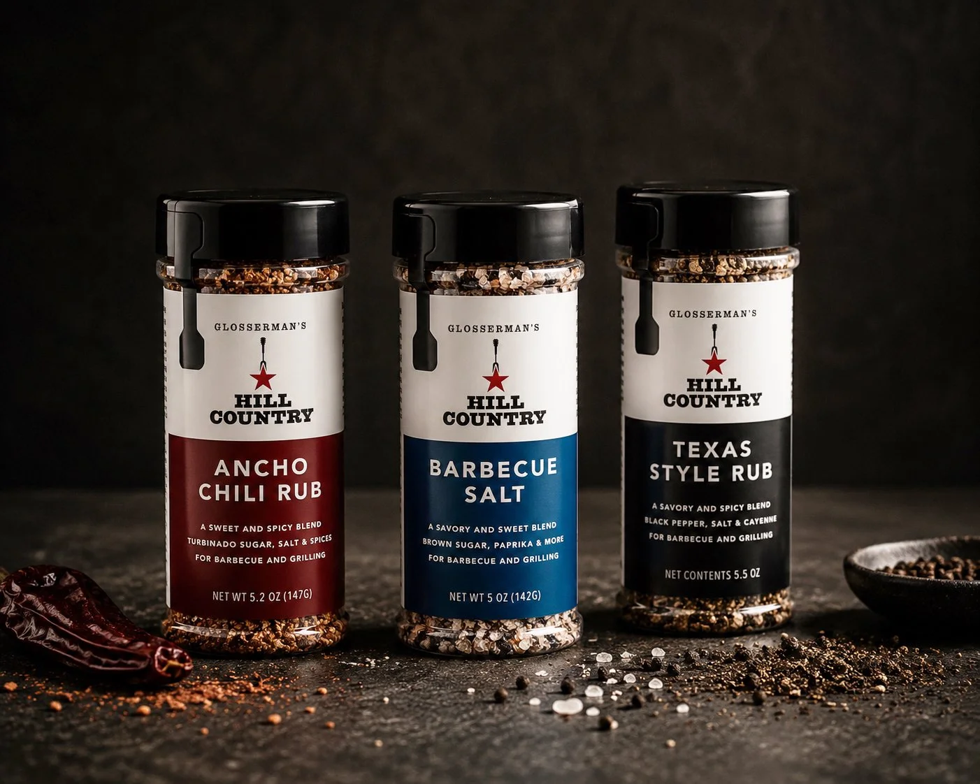 Hill Country Ancho Chili Rub, Barbecue Salt and Texas Style Rub packaging concepts with color-coded labels.
