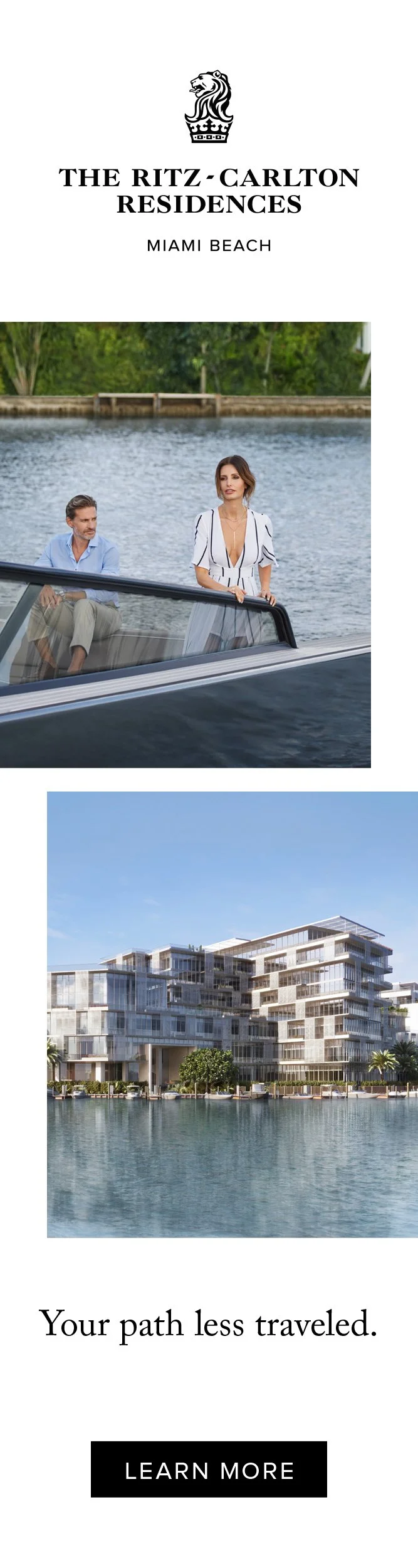 Ritz-Carlton Residences digital ad pairing a boating scene with waterfront architecture: Your path less traveled