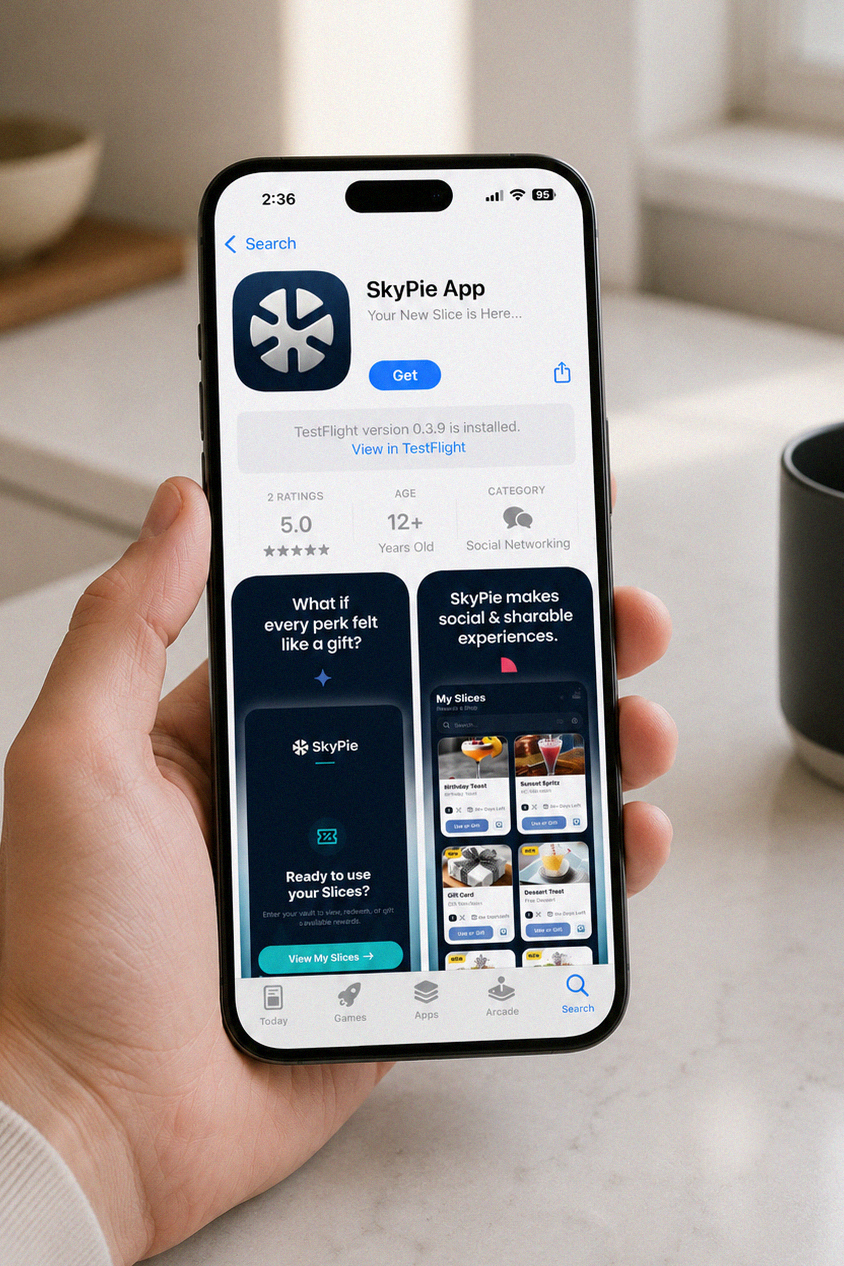 SkyPie App Store listing on a handheld iPhone, showing the app icon and promotional interface previews.