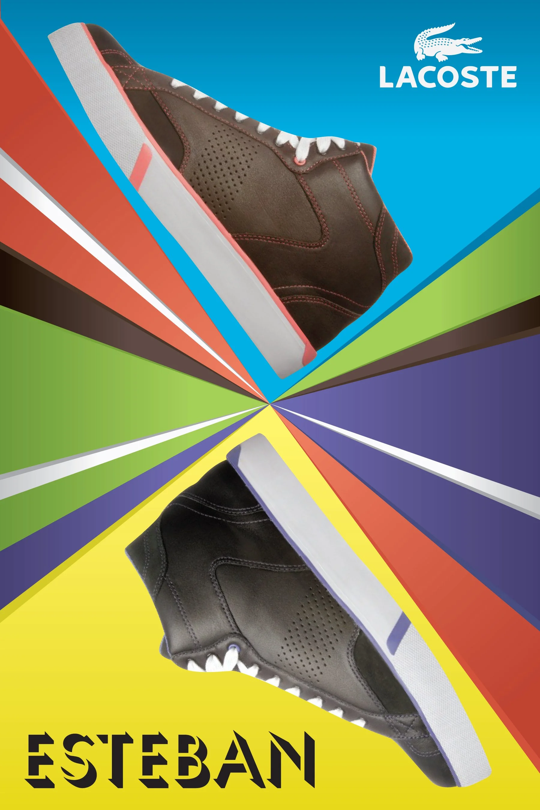 Lacoste Esteban sneaker poster with brown and black shoes over radiating multicolored geometric shapes.