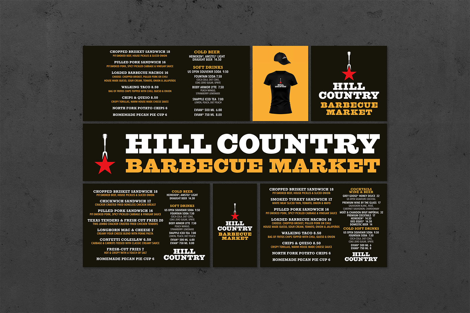 Hill Country US Open menu boards, merchandise panel and concession signage in black, yellow and white.