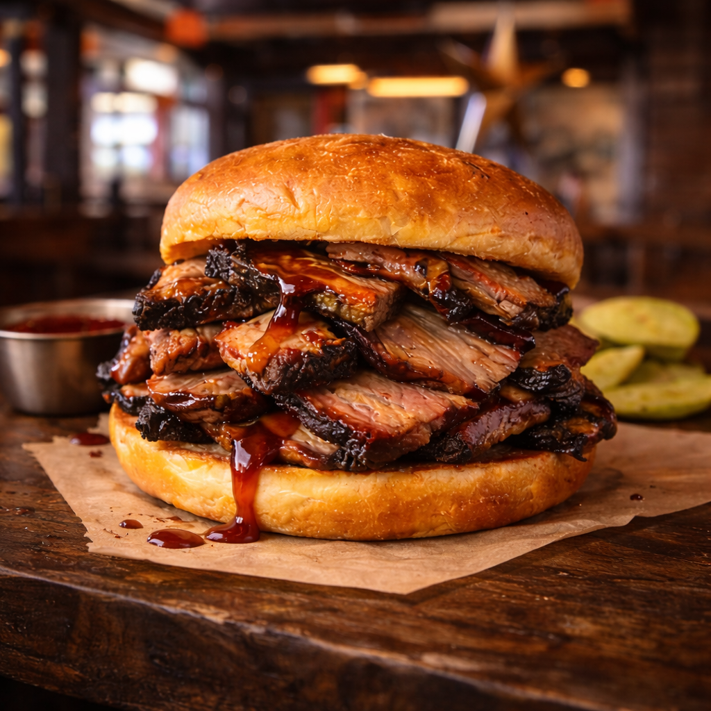 Hill Country brisket sandwich piled with sliced smoked meat and barbecue sauce, created for SkyPie restaurant content.