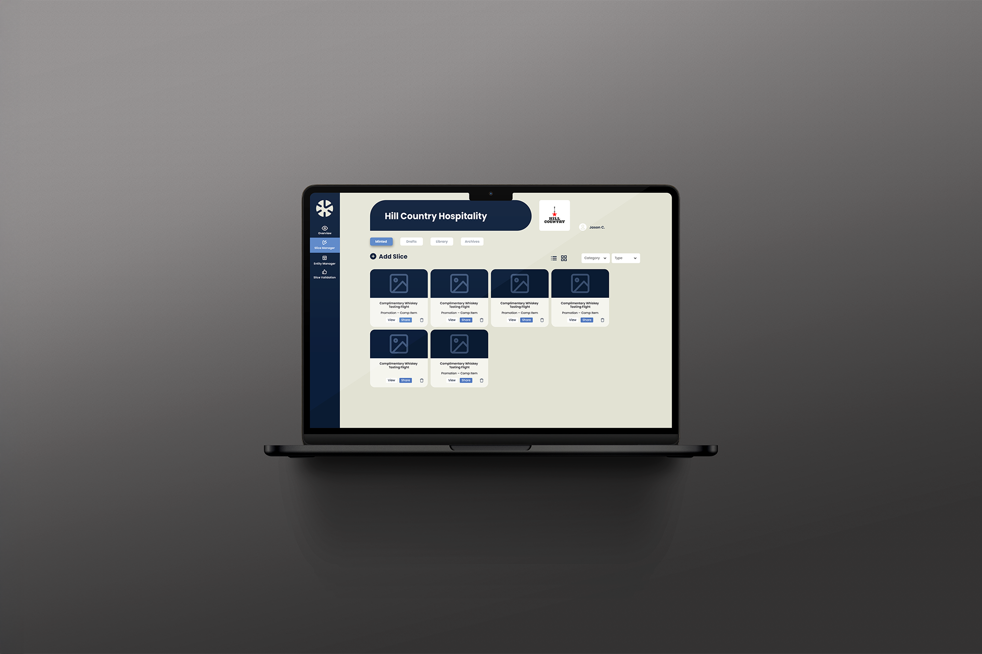 SkyPie Slice Manager dashboard on a laptop, displaying a grid of restaurant perk cards and management controls.