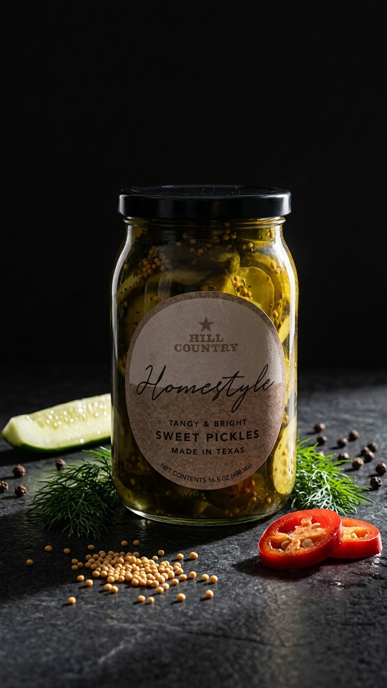 Hill Country Homestyle sweet-pickle jar mockup styled with vegetables and spices on a dark surface.