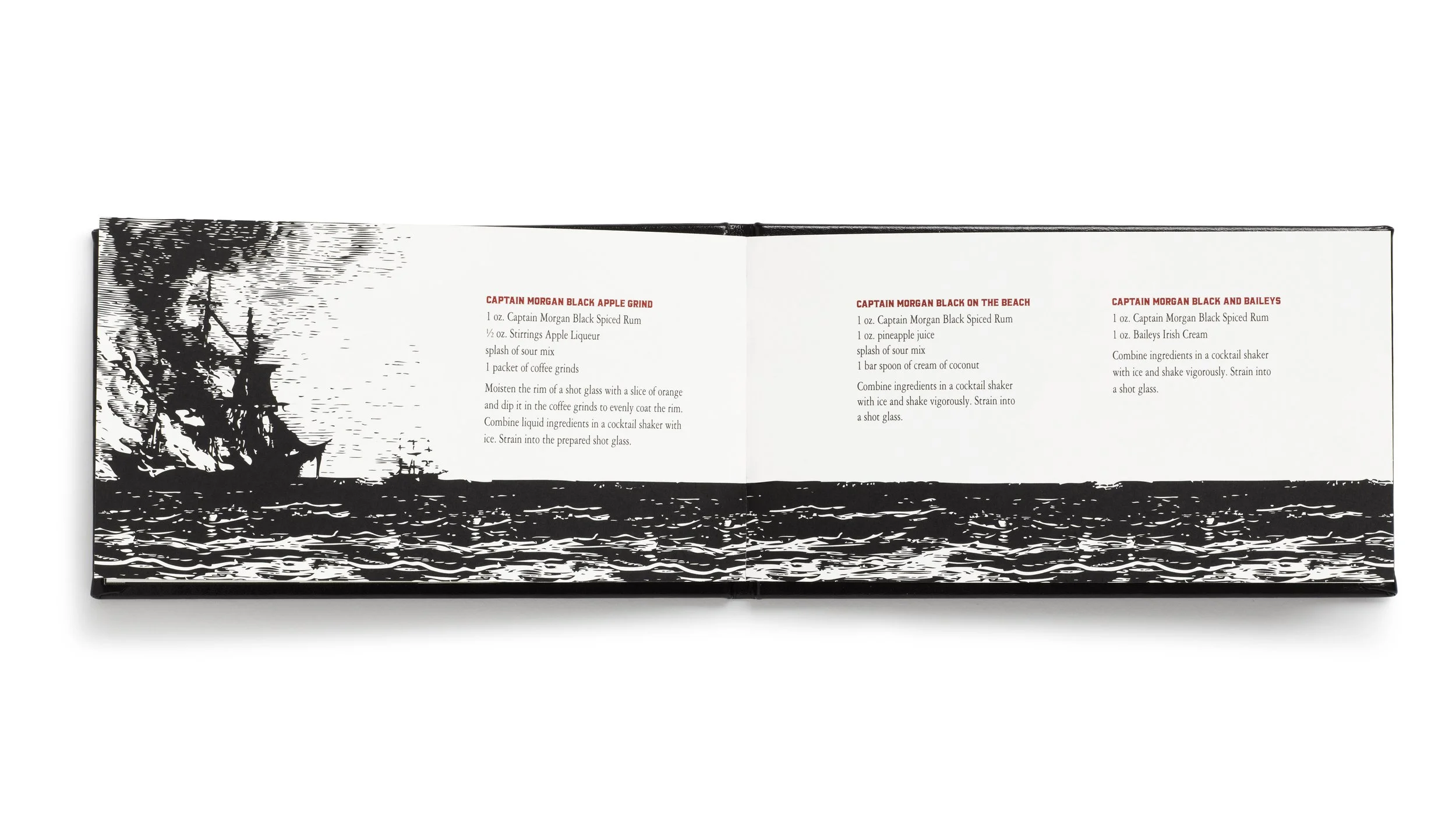 Captain Morgan Black cocktail-recipe spread framed by a black-and-white illustration of ships and waves.