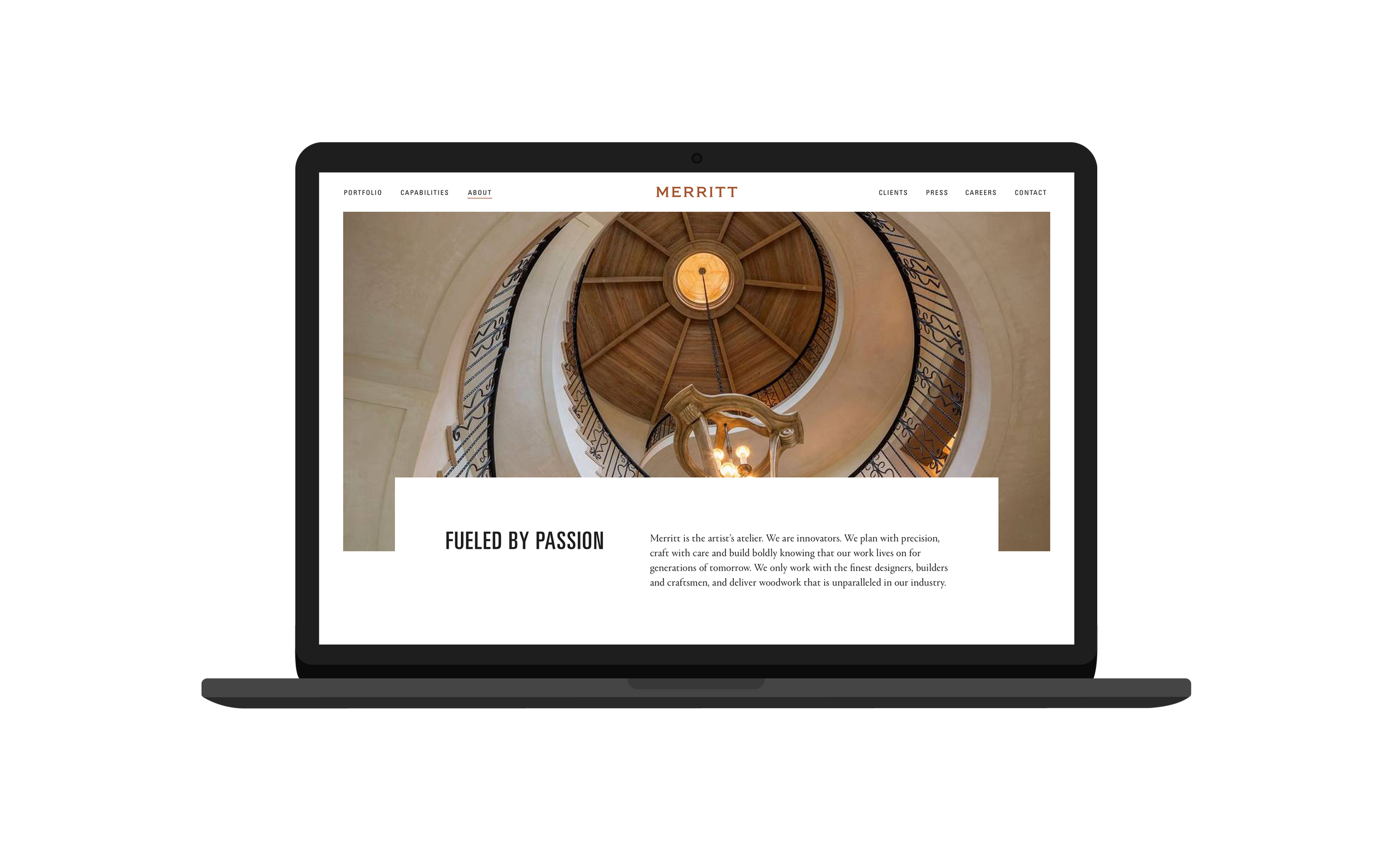 Merritt website displayed on a laptop, featuring architectural photography and the headline Fueled by Passion.