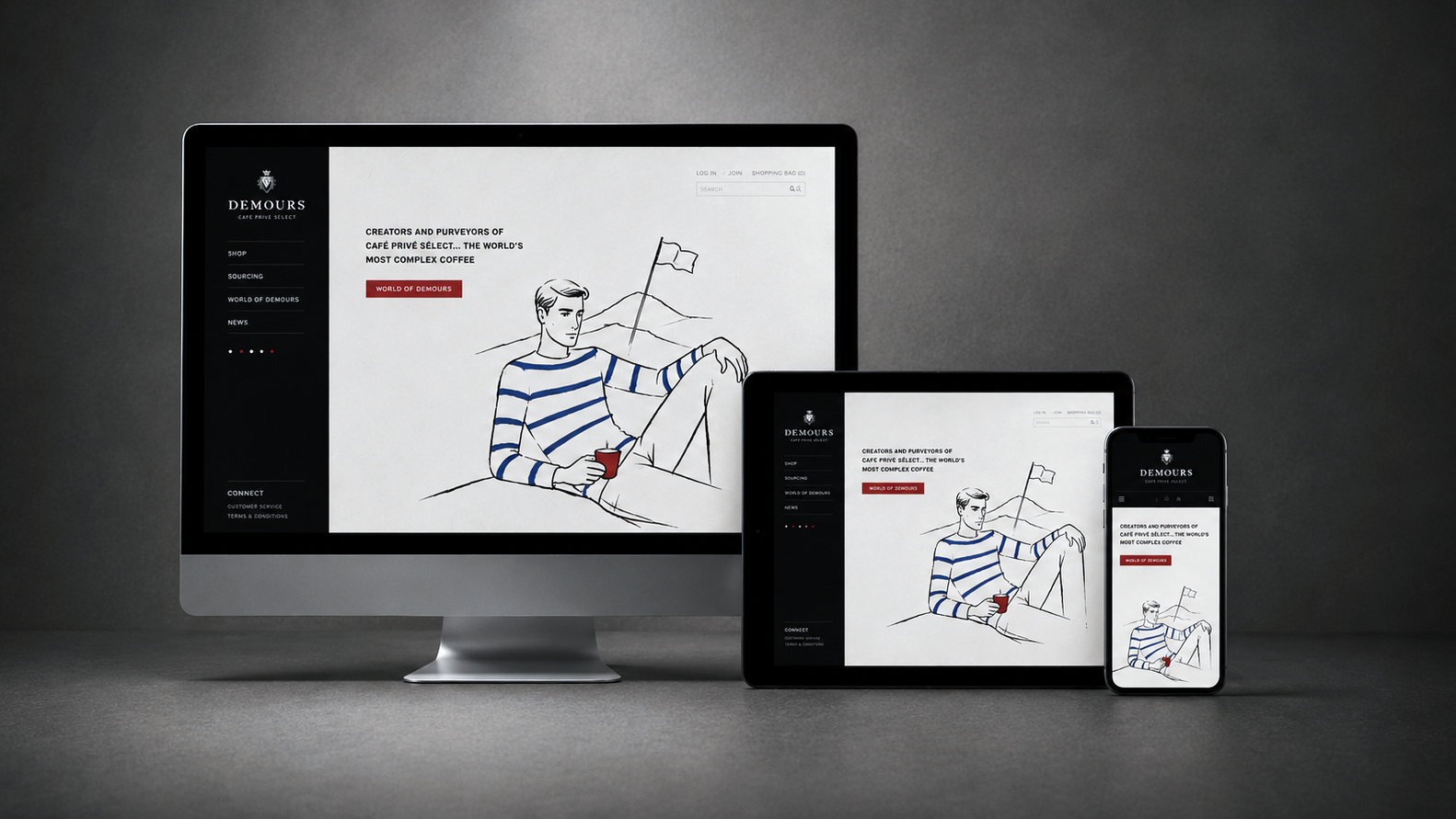 Demours Coffee website shown on desktop, tablet and phone, with illustrated lifestyle imagery.