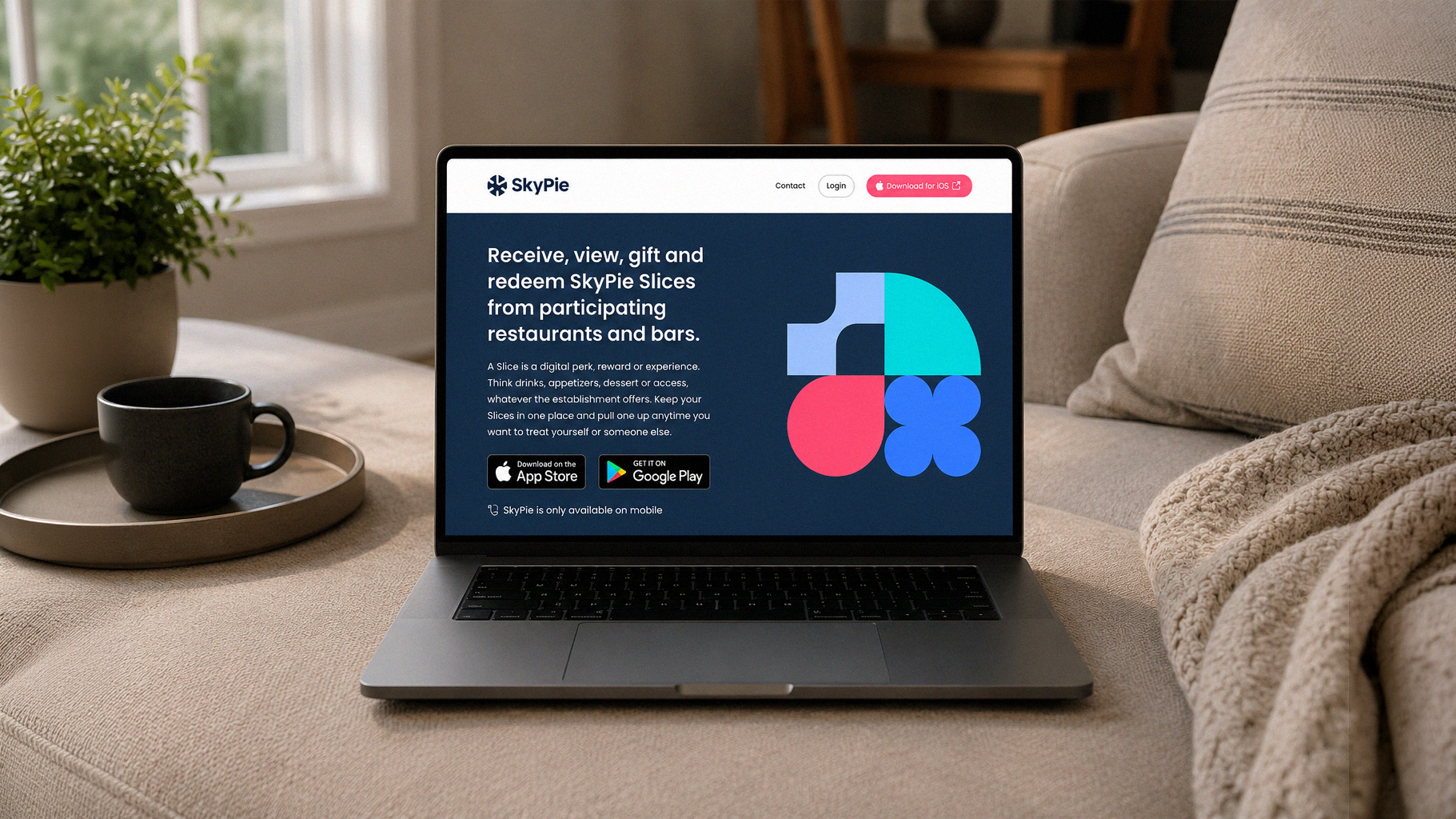SkyPie website on a laptop, introducing digital restaurant perks with colorful geometric branding and app-download links.