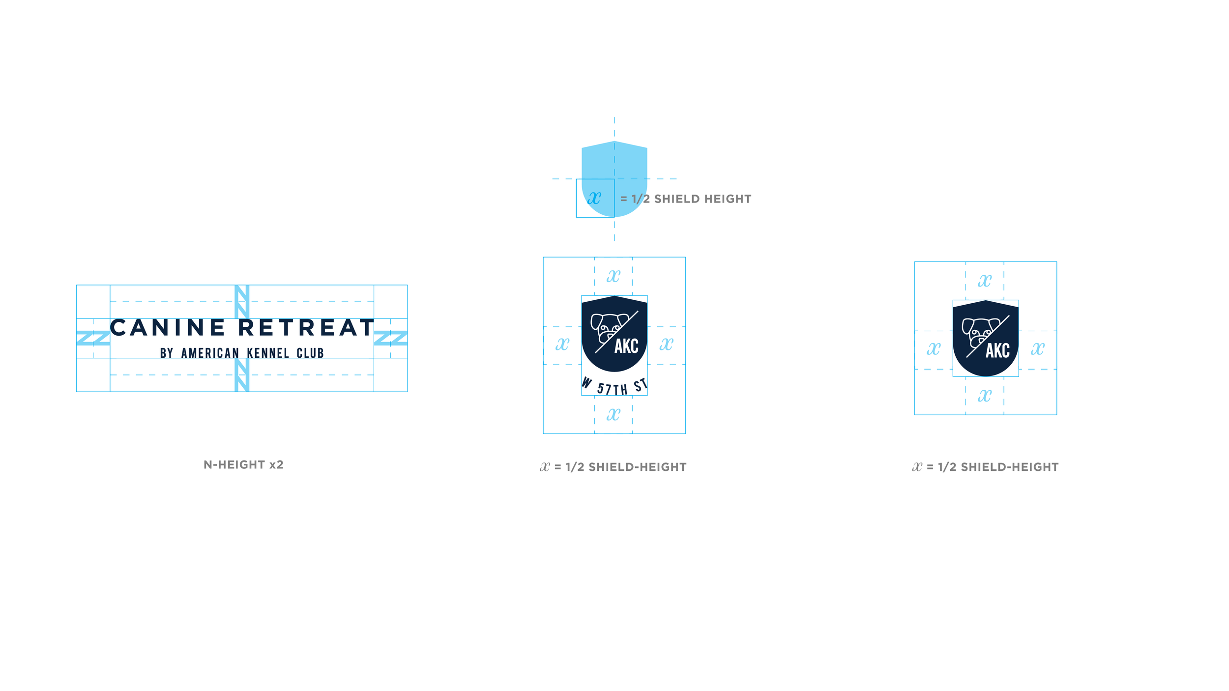 AKC Canine Retreat brand guidelines showing proportions and spacing for wordmark and shield variations.