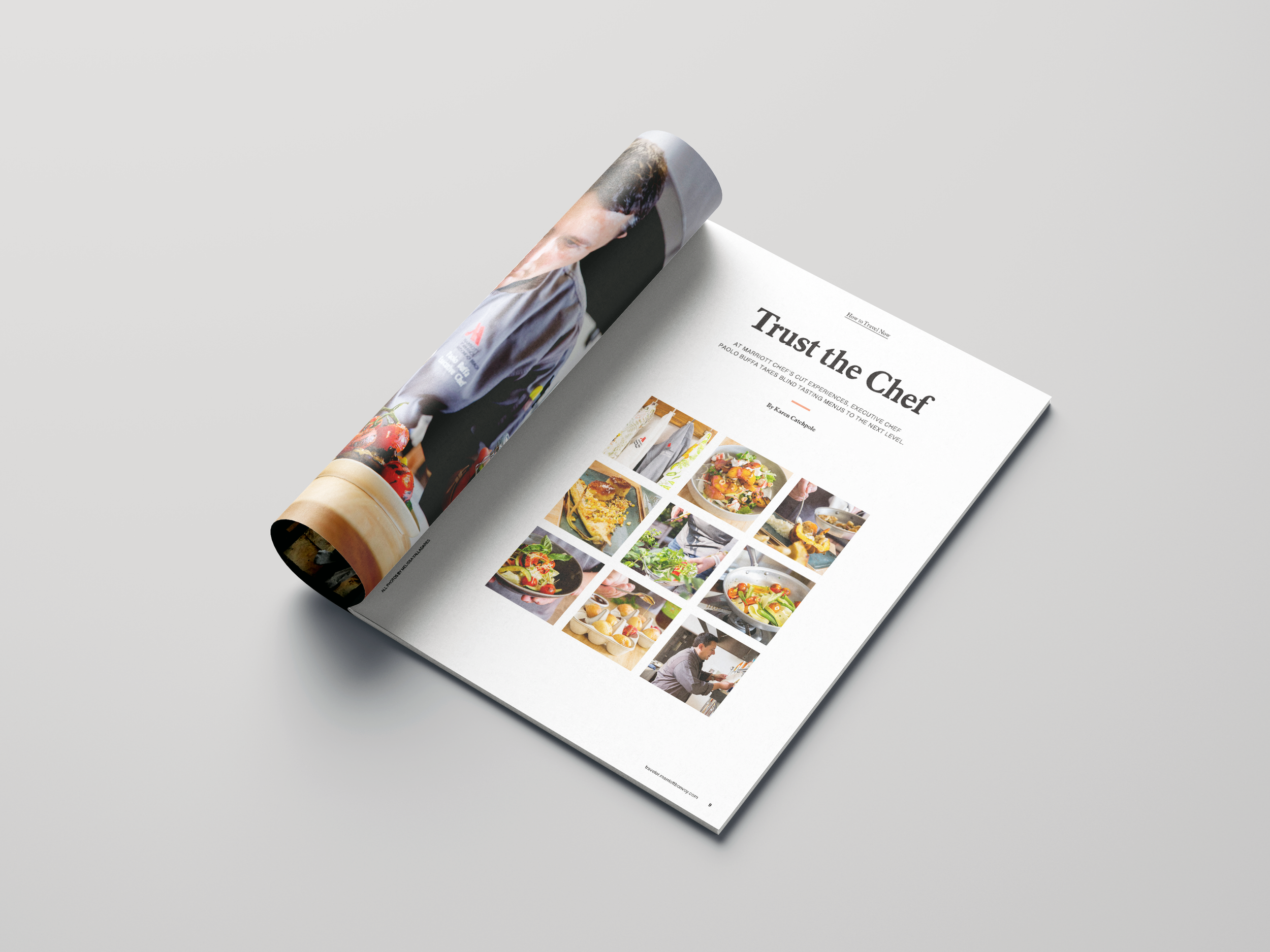 Marriott Bonvoy Traveler print spread titled Trust the Chef, combining a chef portrait and food photography