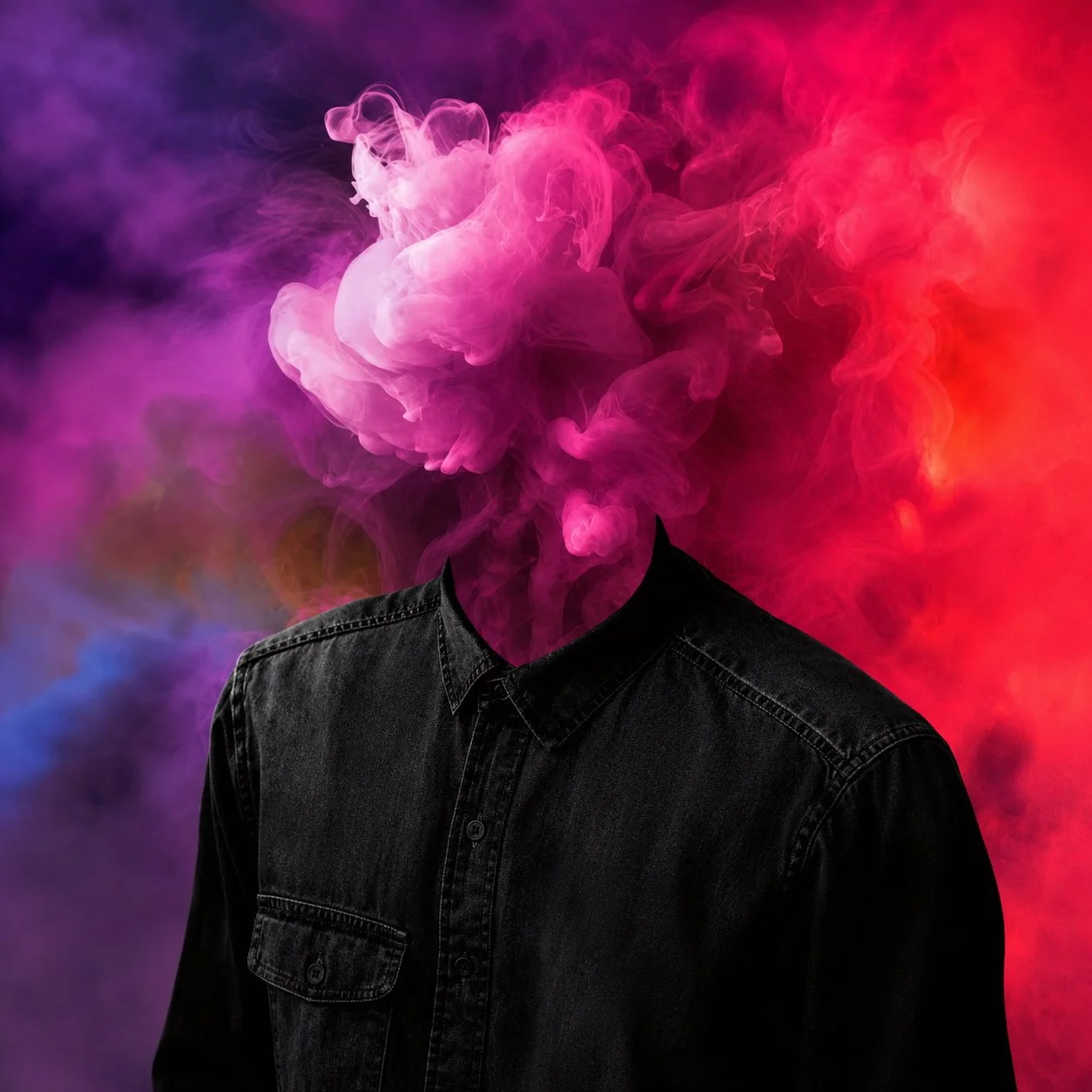Mad Genius label artwork showing a figure whose head dissolves into pink, purple and red smoke