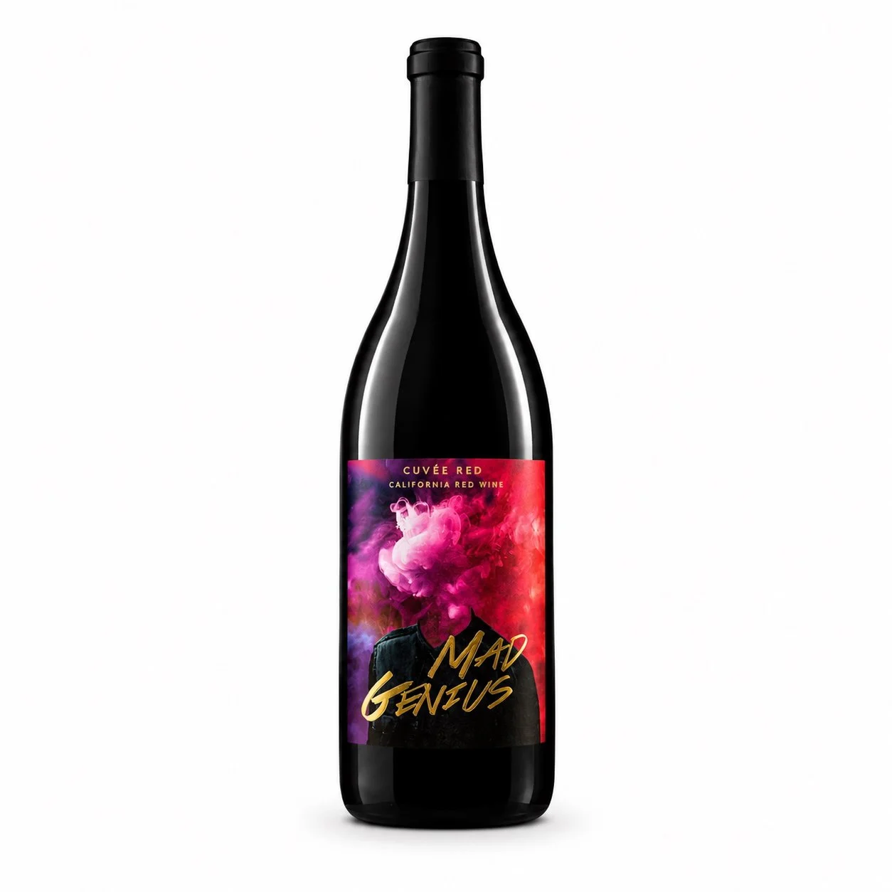 Mad Genius Cuvée Red wine bottle with a colorful smoke portrait label and gold lettering