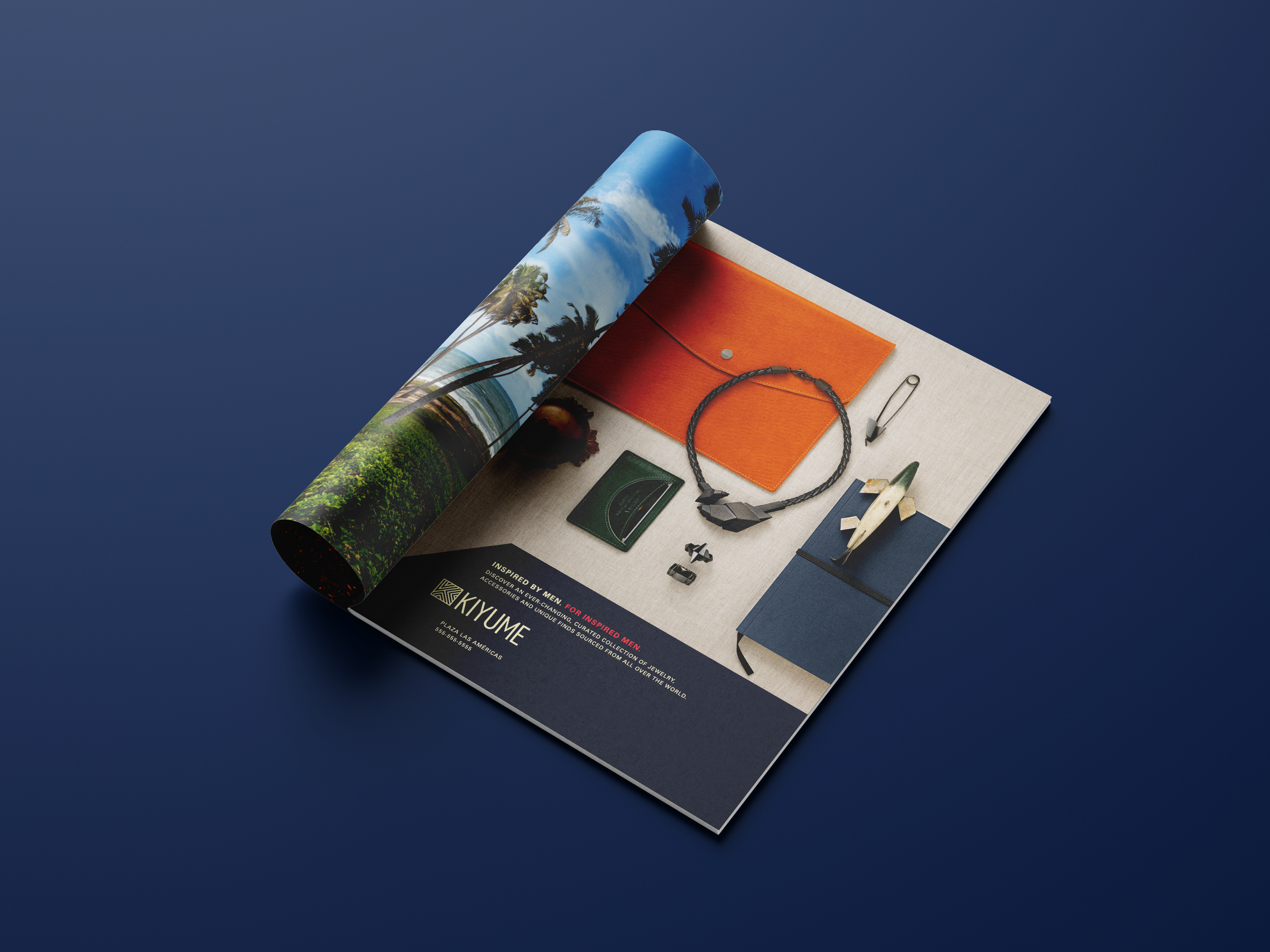 Kiyume magazine advertisement featuring an orange leather folio, geometric jewelry and a navy notebook.