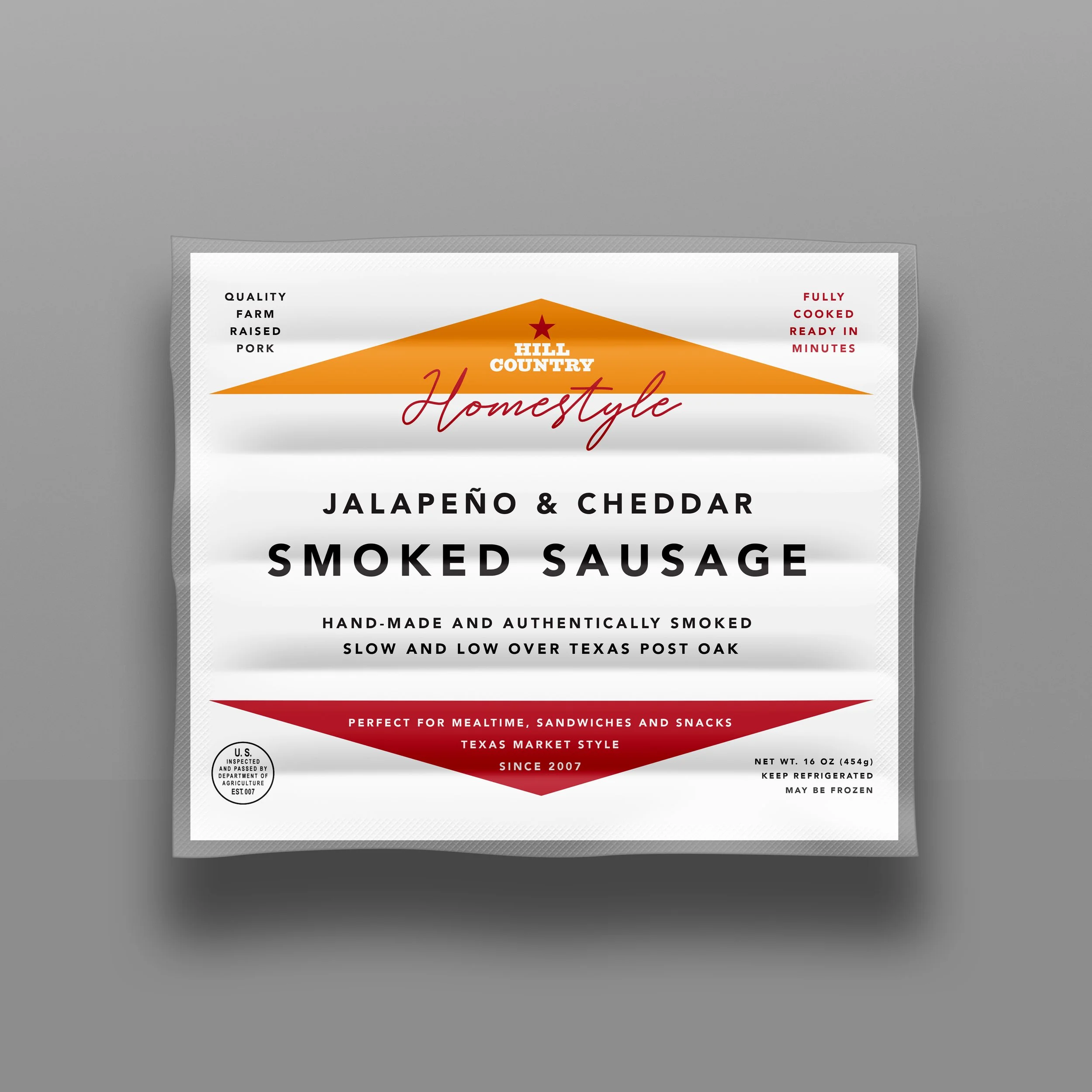 Hill Country Homestyle jalapeño-and-cheddar smoked-sausage package concept with orange and red accents.