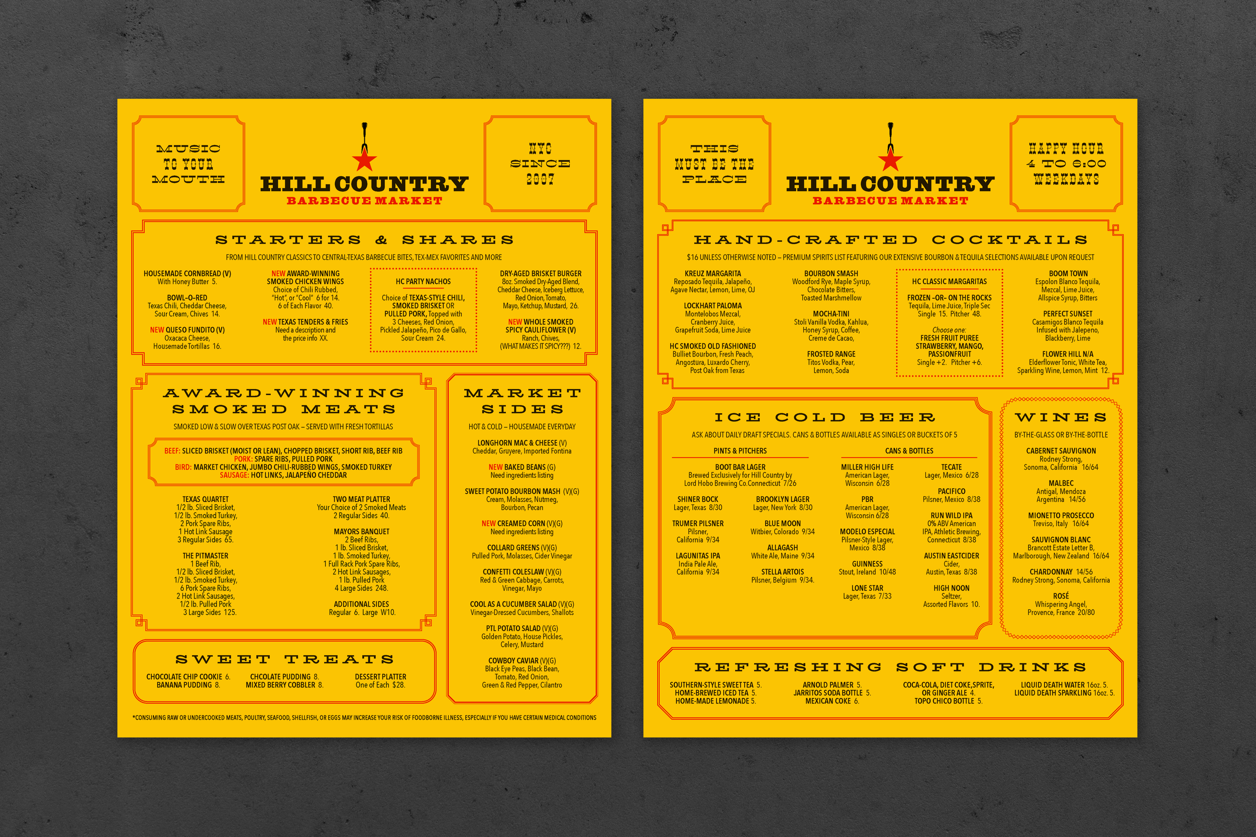 Hill Country food and drinks menus with yellow backgrounds, red borders and Western-style typography.