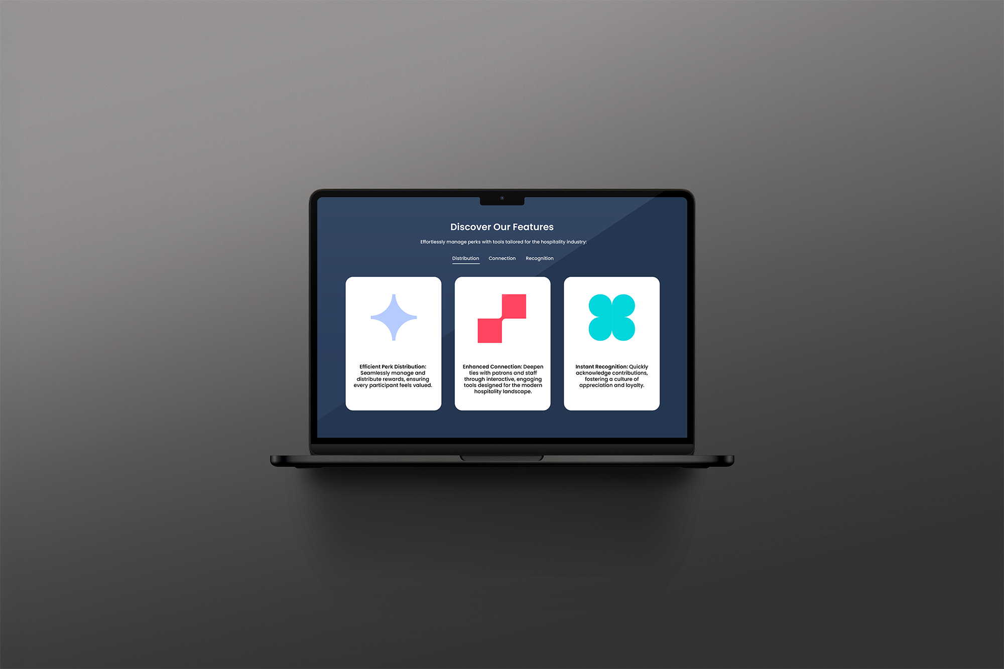 SkyPie website features page on a laptop, explaining perk distribution, customer connections and recognition.
