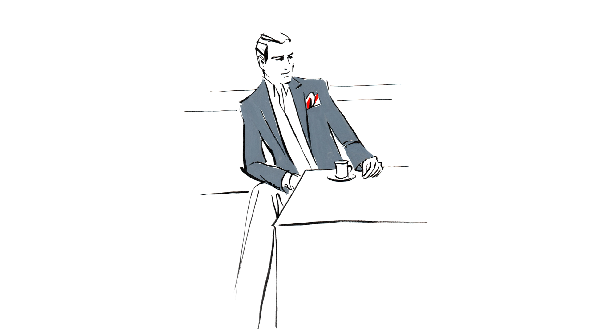 Demours Coffee line illustration of a suited man at a café table, with a red pocket square.