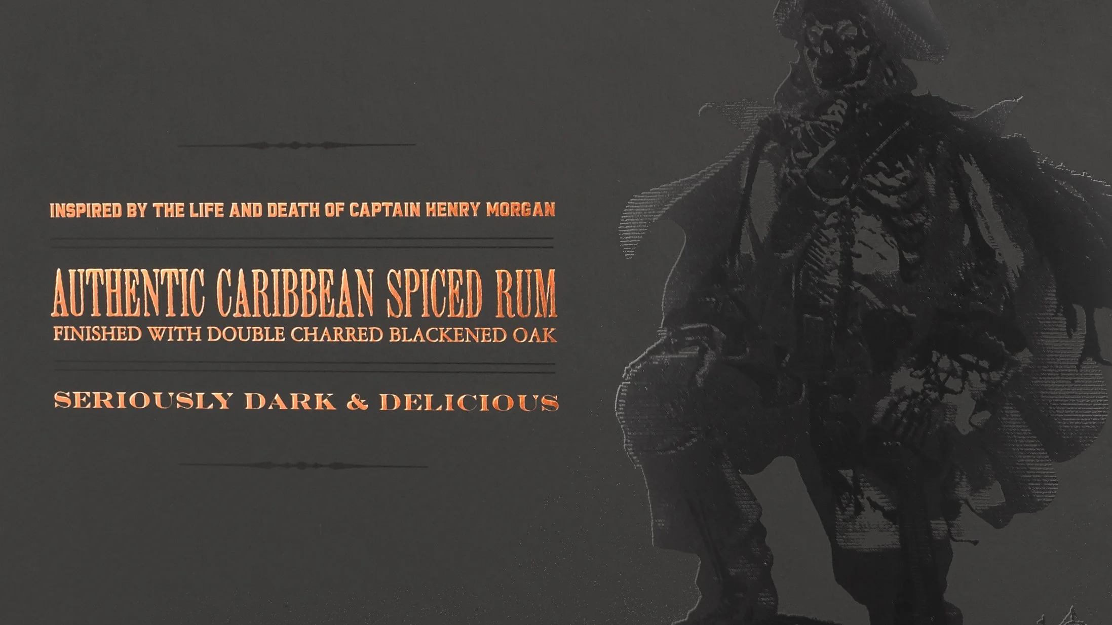 Captain Morgan Black inner-lid graphic with copper product messaging and a dark illustration of the Captain.