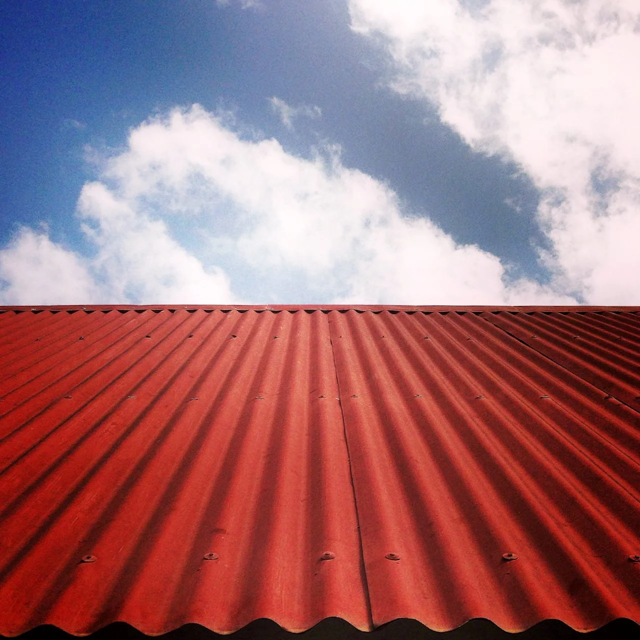 Red corrugated roof beneath blue sky and white clouds, photographed for Belle Mont Farm.