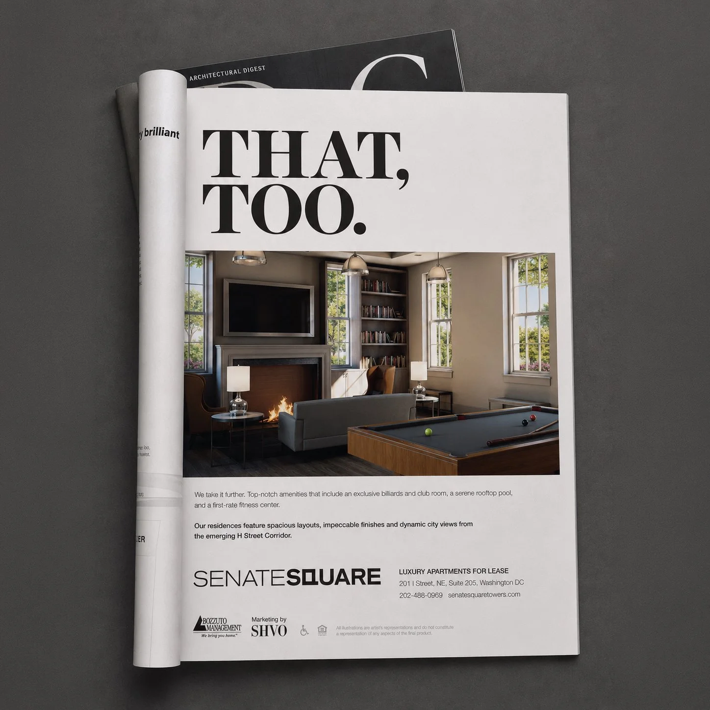 Senate Square print advertisement featuring a residents’ lounge and billiards table beneath “That, too.”