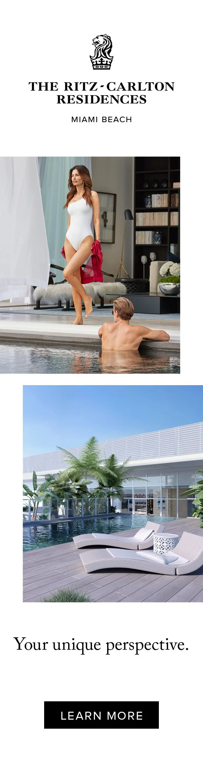Ritz-Carlton Residences digital ad combining poolside lifestyle and terrace imagery: Your unique perspective