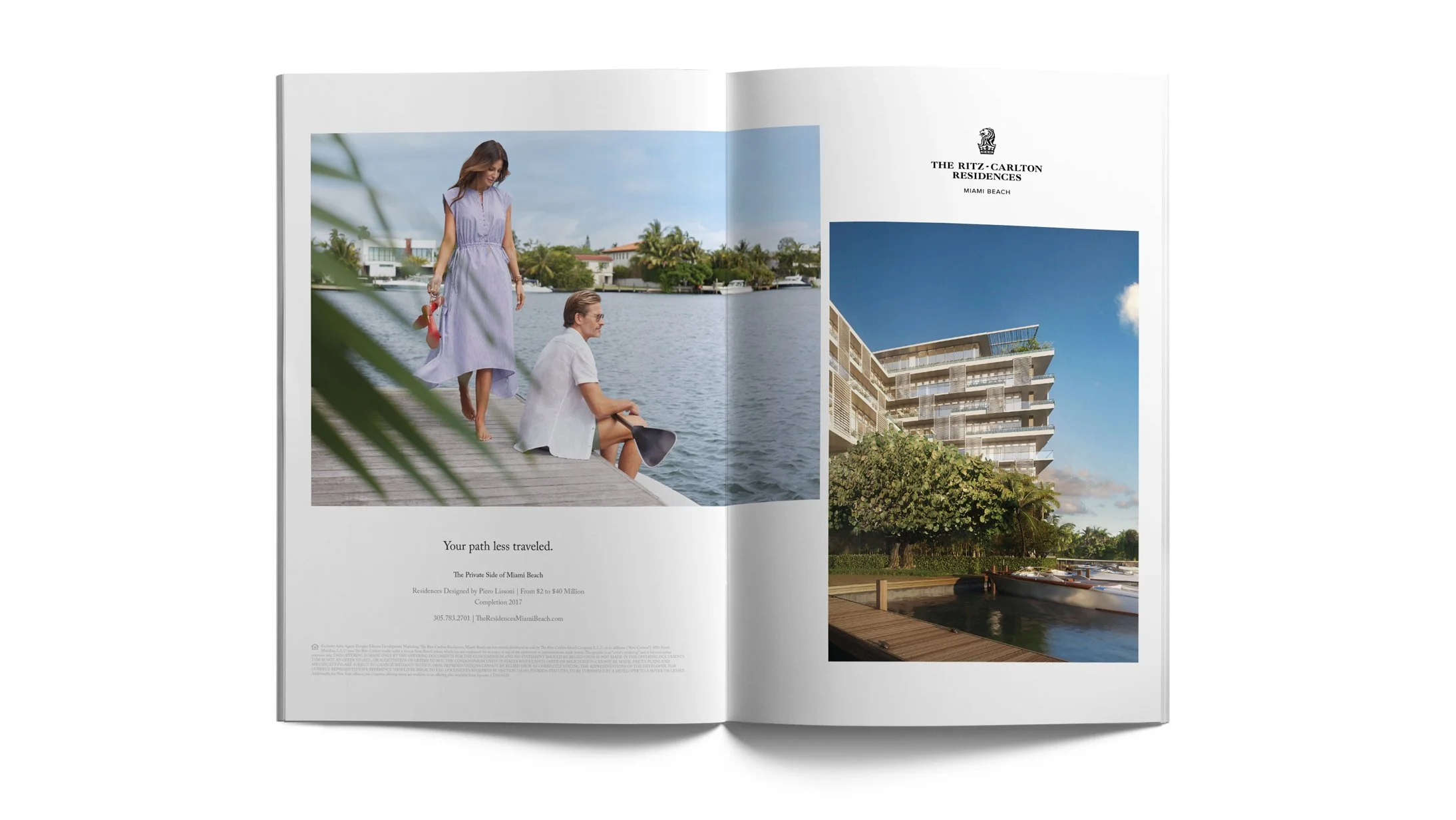 Ritz-Carlton Residences print advertisement pairing a couple on a dock with architecture: Your path less traveled