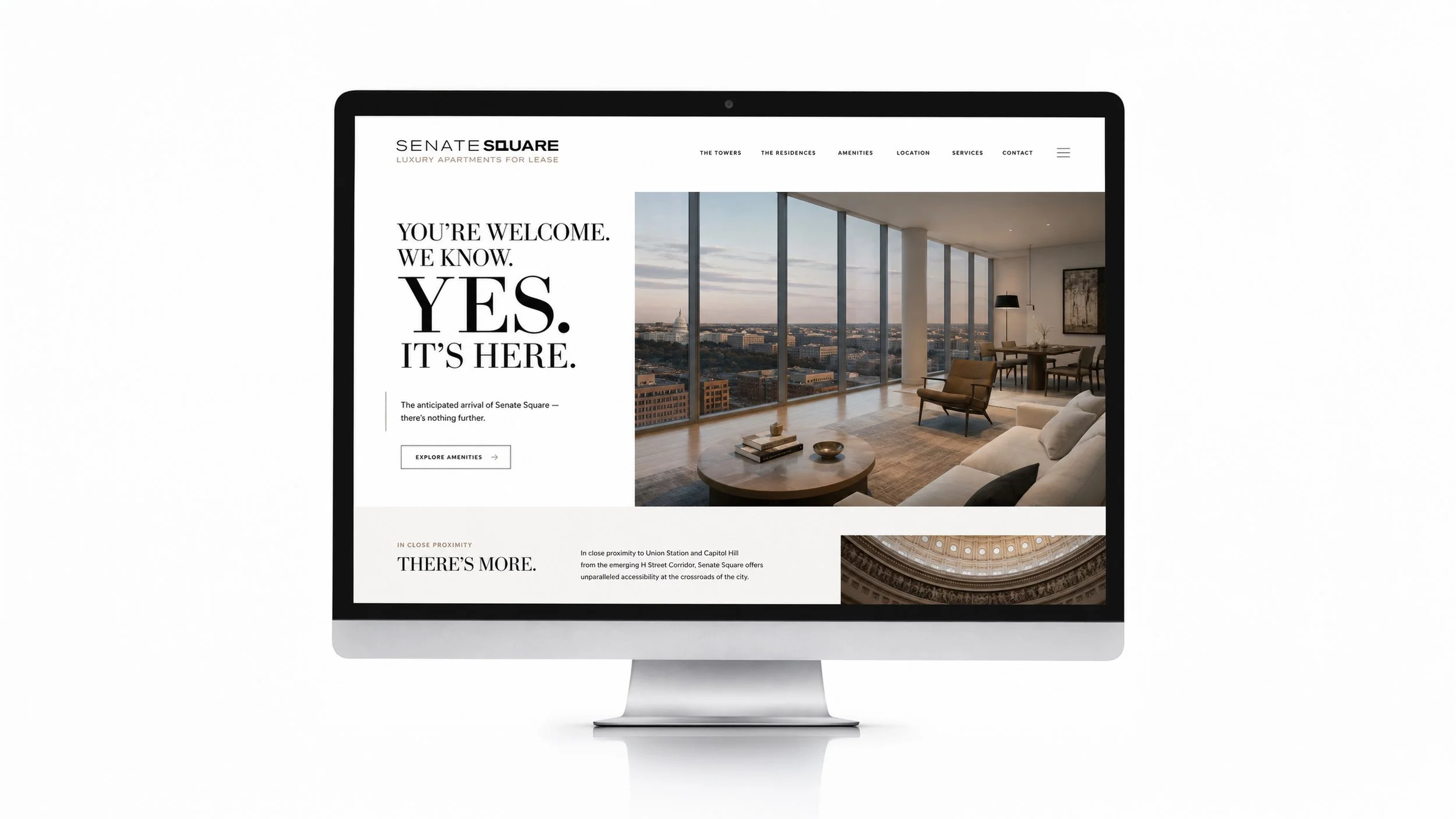 Senate Square property homepage on a desktop monitor, combining bold campaign typography with an apartment interior.