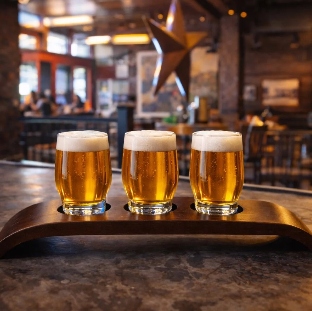 Three glasses of beer on a wooden tasting paddle in a warm restaurant setting, created for SkyPie content.