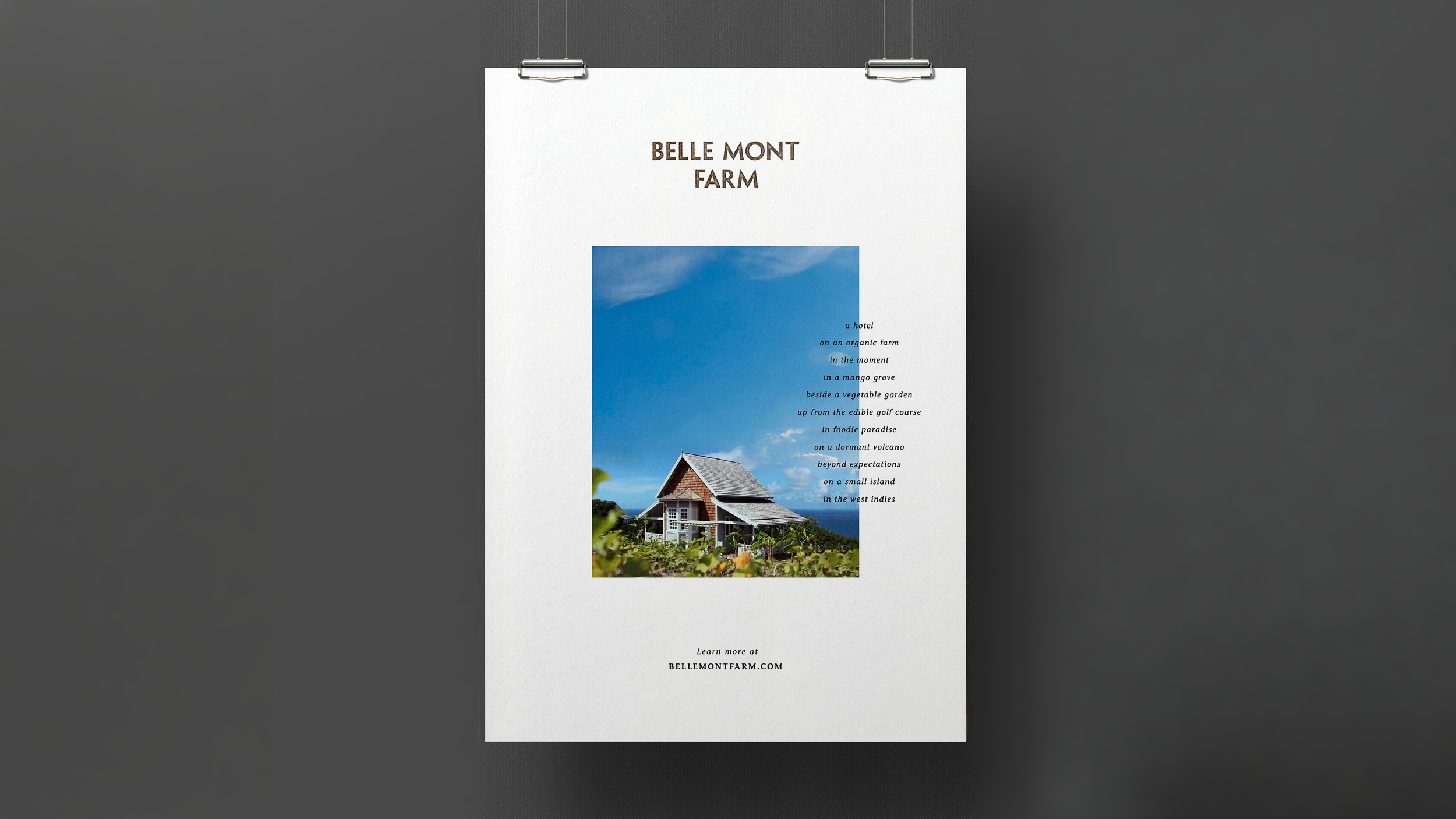 Belle Mont Farm poster concept with a cottage photograph, white space and a stepped column of copy.