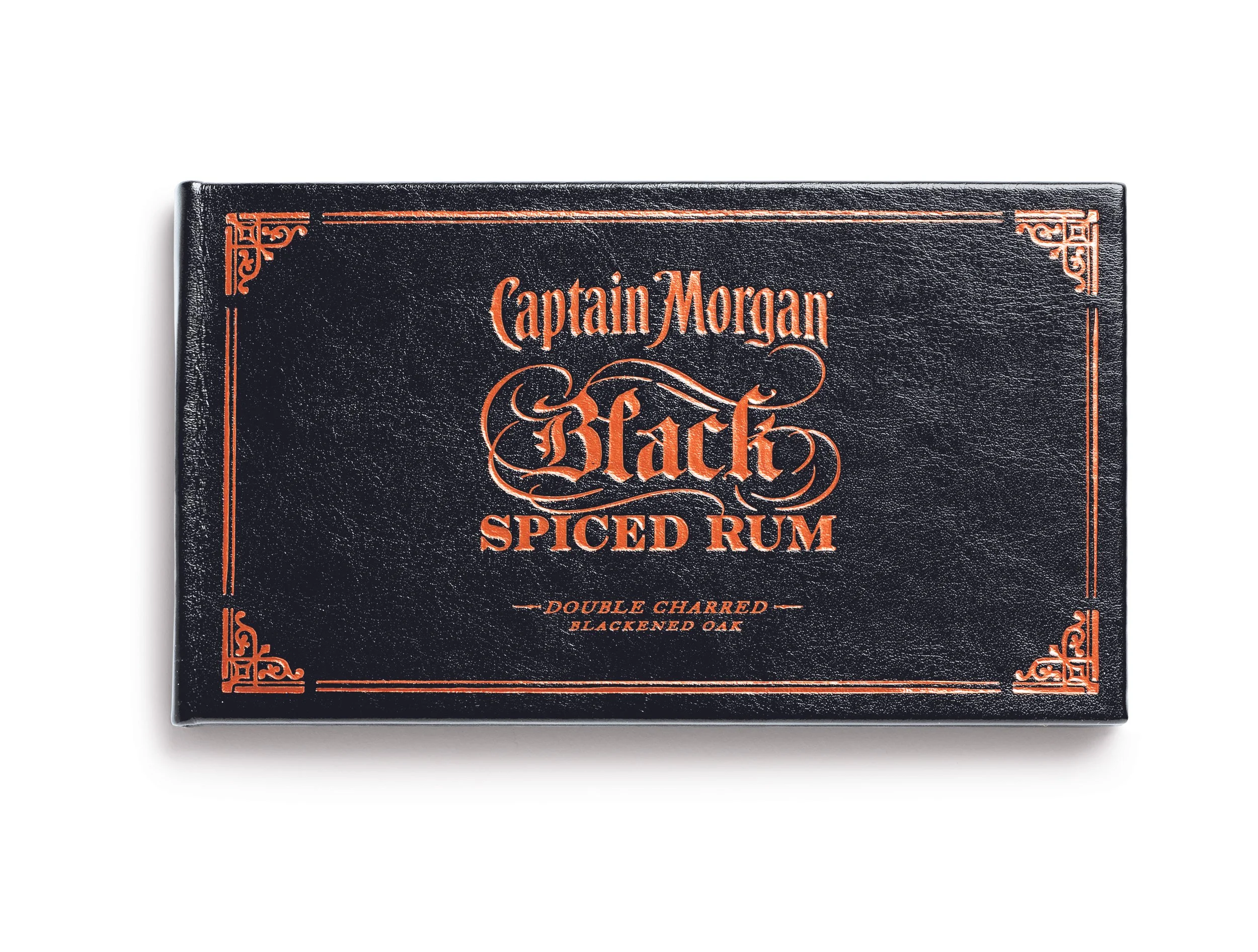 Black Captain Morgan Black brand-book cover with copper lettering and ornamental borders.
