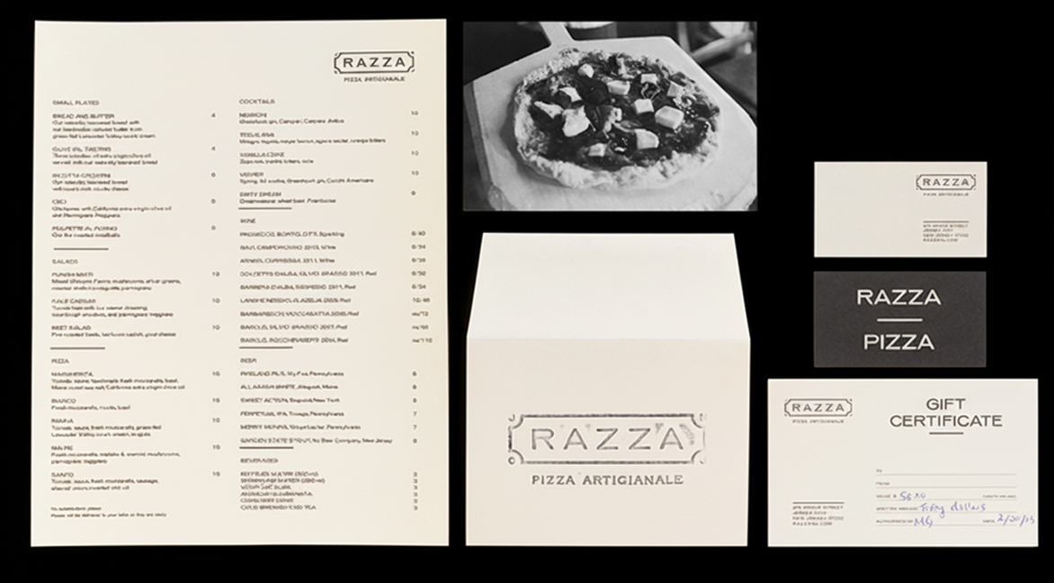 Razza restaurant identity applications: menu, stationery, business cards, gift certificate and pizza photograph.